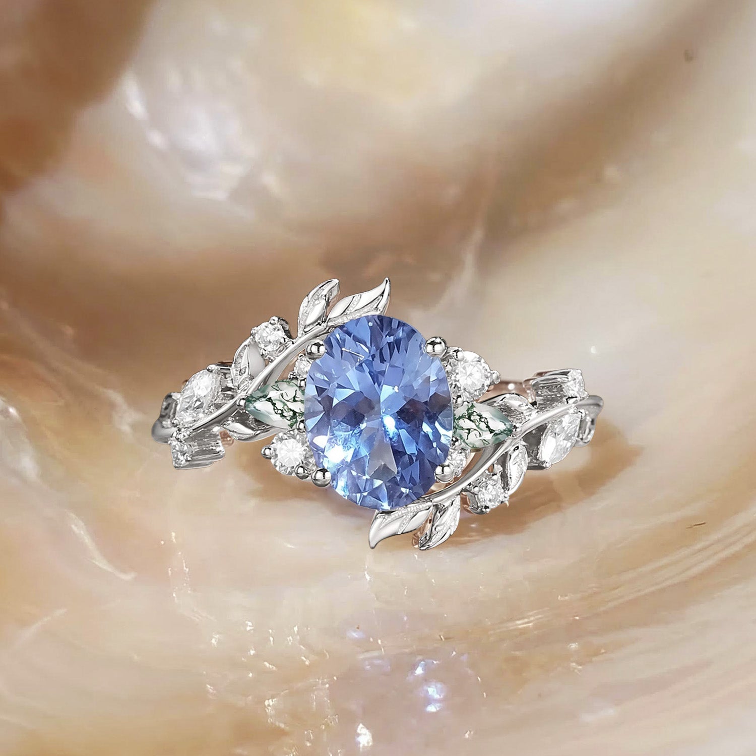 Abrielle - Oval Cut Lab Cornflower Blue Sapphire Vine Fairytale Engagement Ring