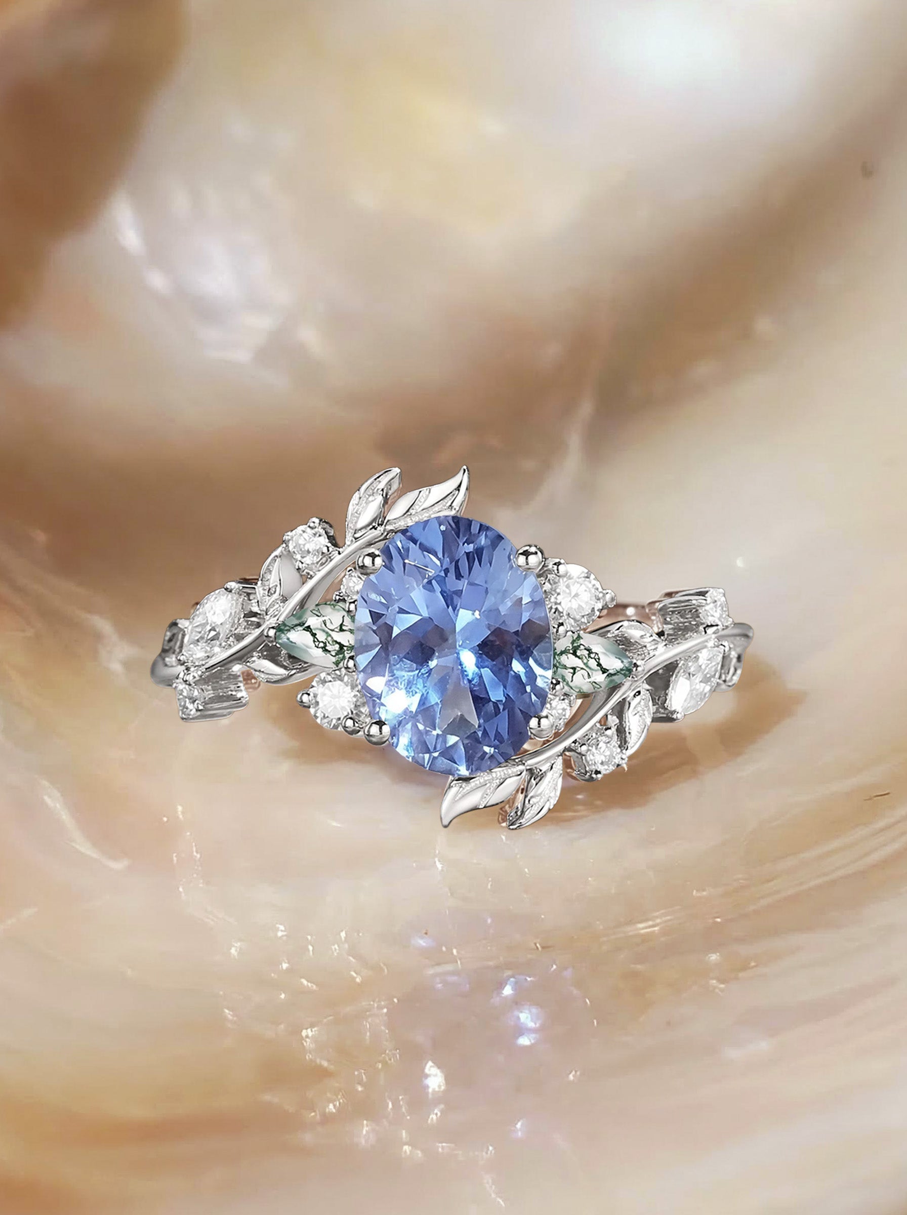 Abrielle - Oval Cut Lab Cornflower Blue Sapphire Vine Fairytale Engagement Ring