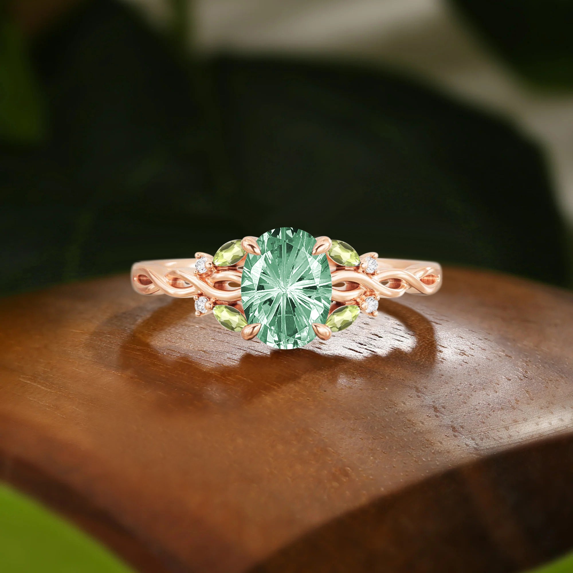 Oval Firework Cut Green Sapphire Twist Engagement Ring - Olea