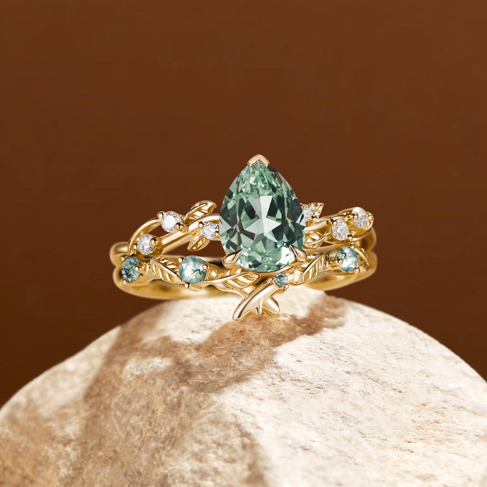 Clarissa - Pear Cut Lab Green Sapphire Leafy Bridal Set 2pcs