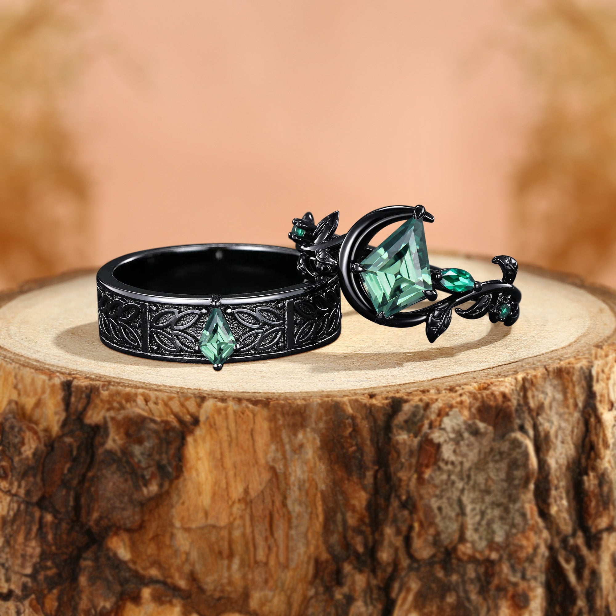 Kit - Kite Cut Green Sapphire Leafy Inspired Couple Ring Set