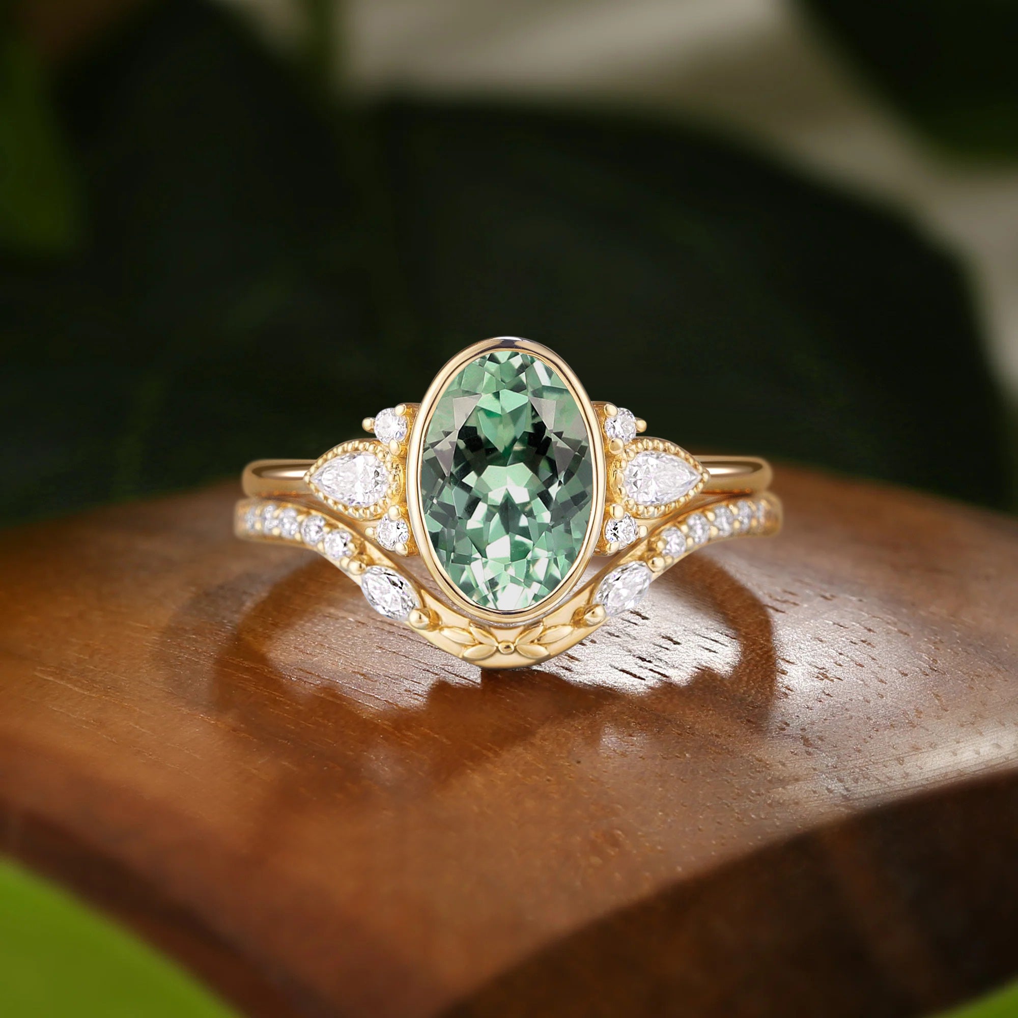 Celeste - Bezel Green Sapphire Three Stone Engagement Ring Set 2pcs