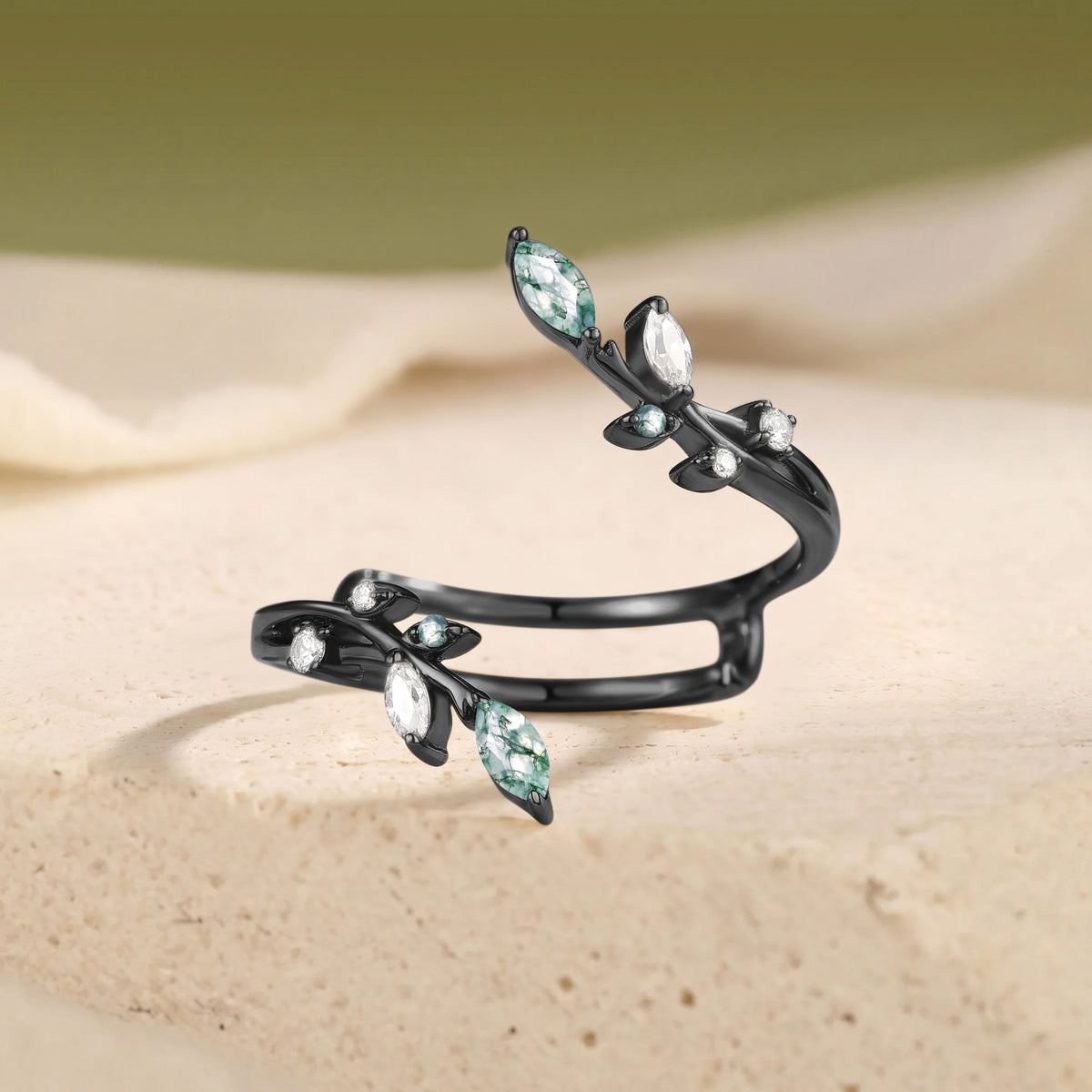 Artisan Leaf Inspired Moss Agate Wedding Band