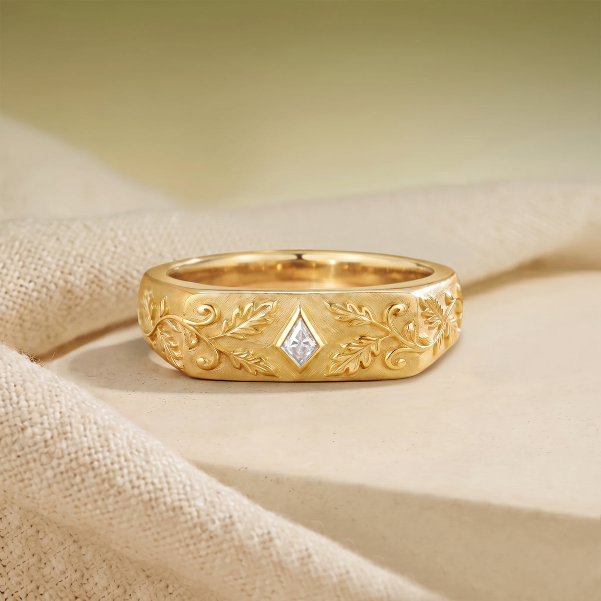 5MM Leafy Inspired Kite Cut Moissanite Engraved Men’s Wedding Band