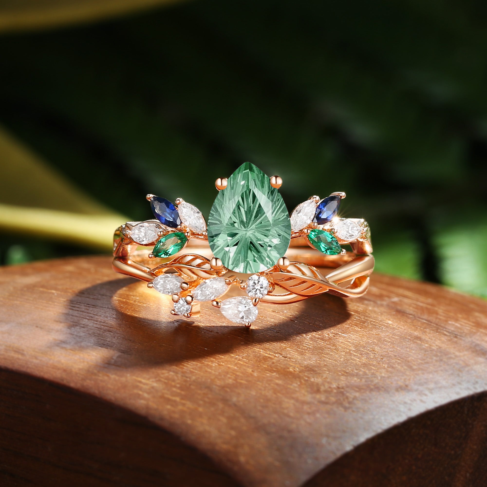 Abella - Firework Pear Cut Green Sapphire & Sapphire & Emerald Butterfly Leaf Bridal Sets 2pcs