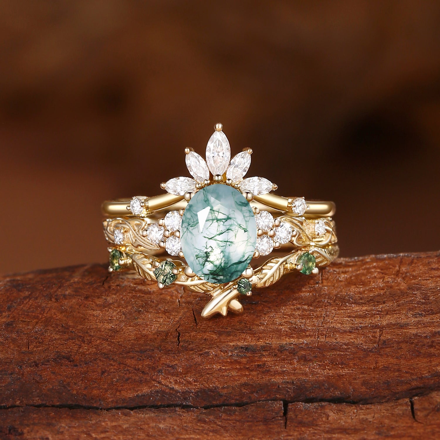 Leaf Ring - Moss Agate Cluster Leafy Bridal Set 3pcs