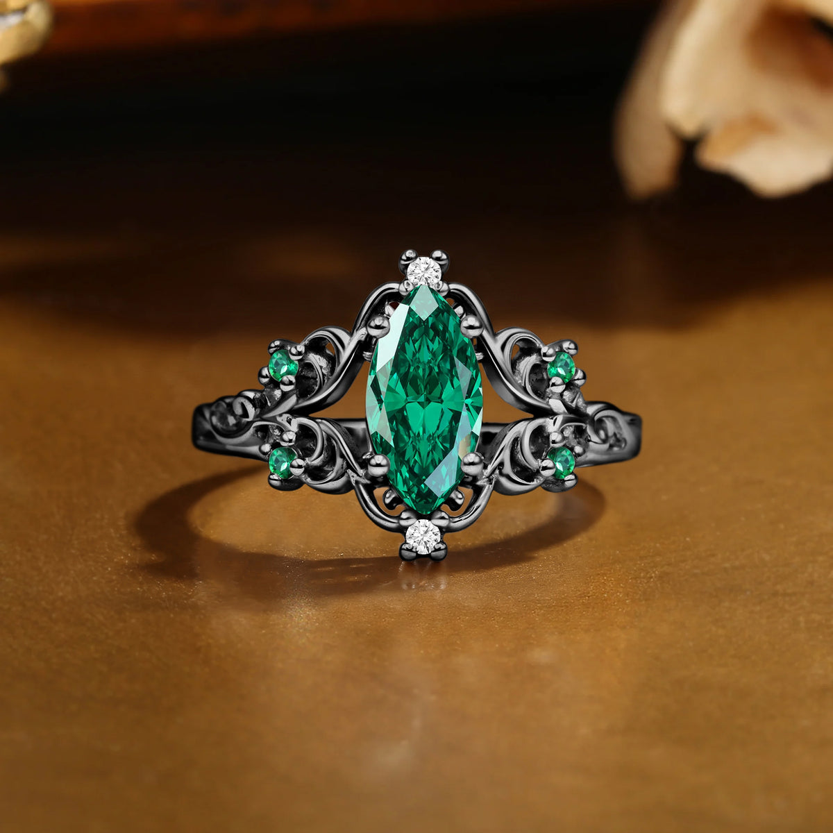 Lois - Marquise Lab Emerald Filigree Royalcore Wedding Ring