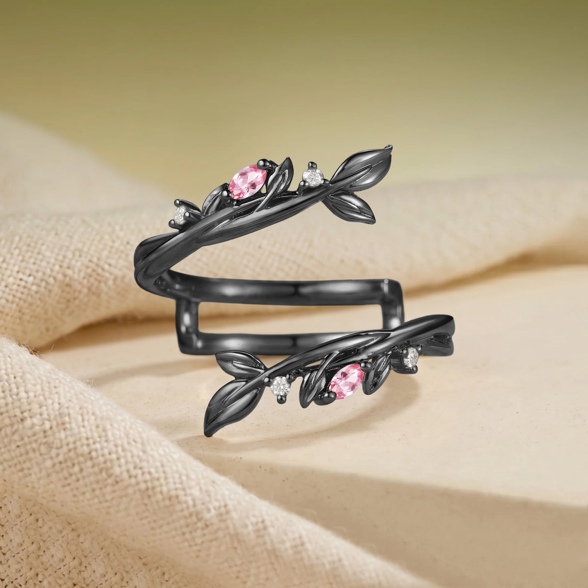 Soft Marquise Padparadscha Sapphire Leaf Stackable Wedding Ring Set