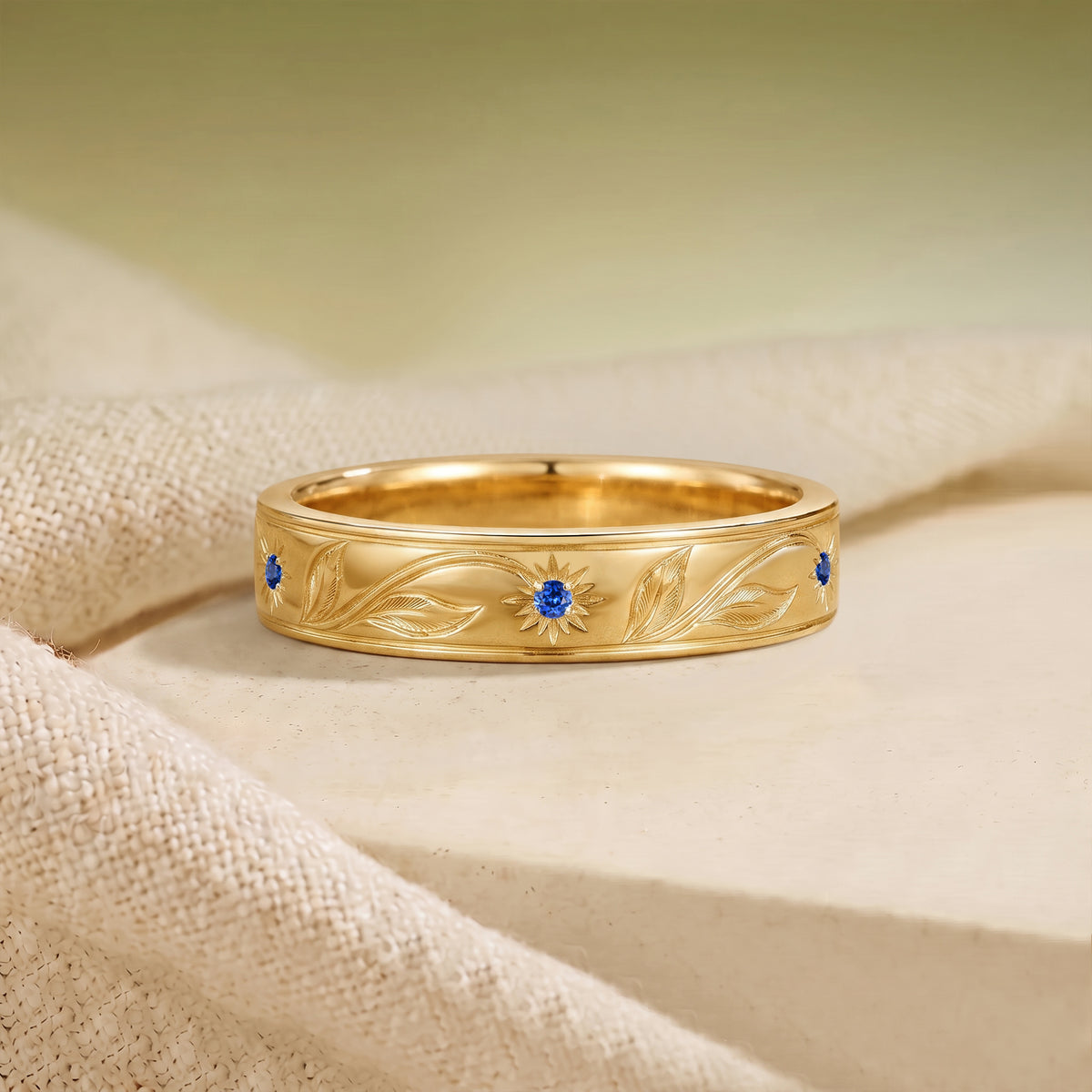 Leafy Flower Inspired Engraved Royal Blue Sapphire Promise Ring - Men Band