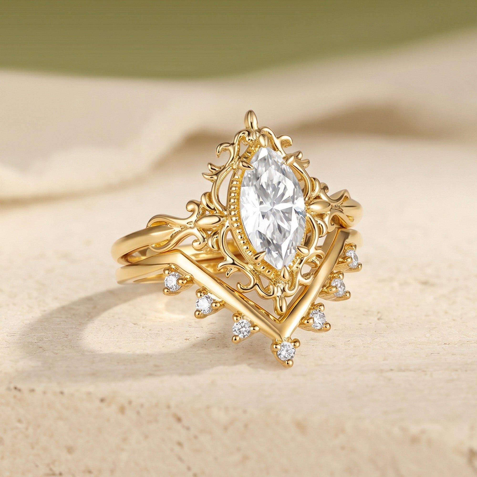 Victorian Filigree Marquise Moissanite Bridal Set 2PCS - Alina
