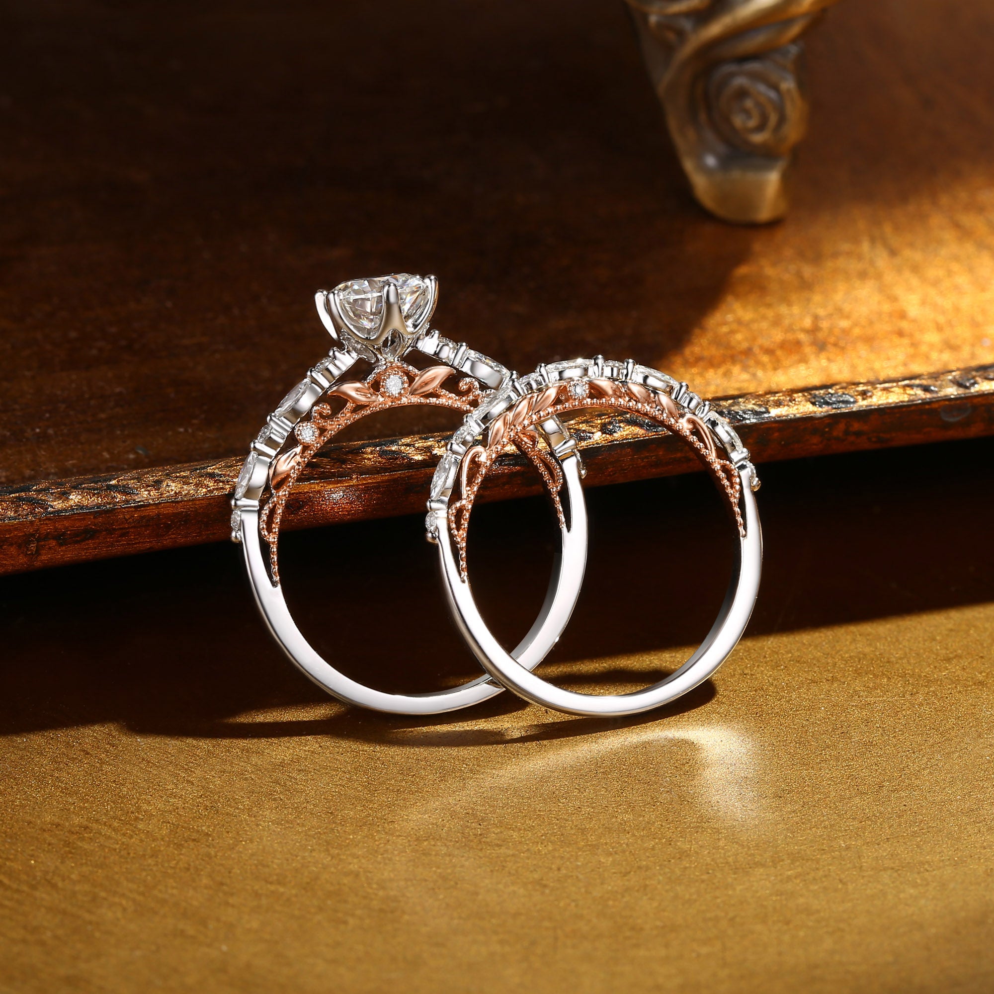 Celeste - Victorian Two Tone Gold Vintage Moissanite Engagement Ring Set 2pcs