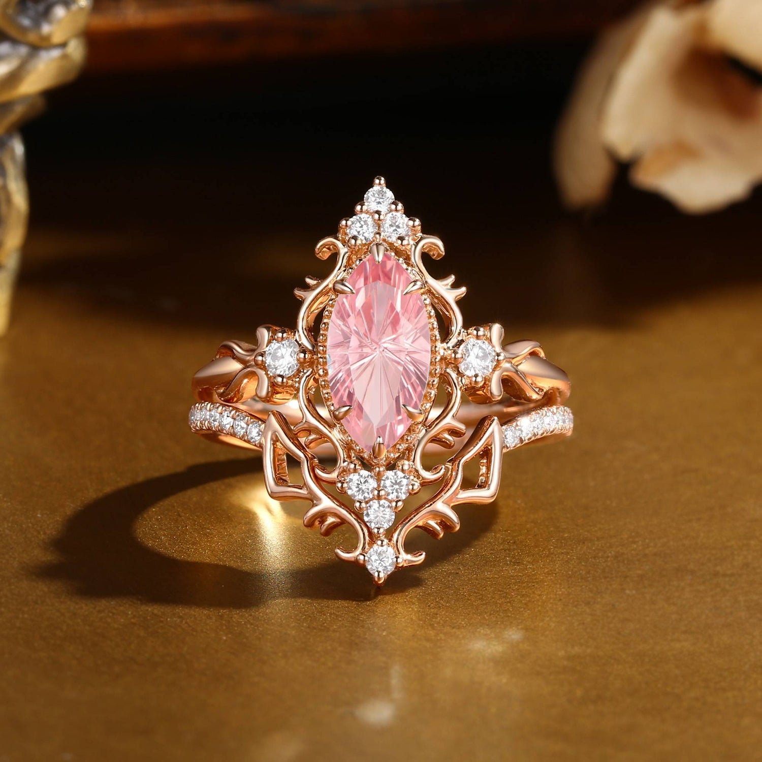 Eugenie - Marquise Firework Cut Padparadscha Royalcore Victorian Vintage Ribbon Bridal Sets 2PCS