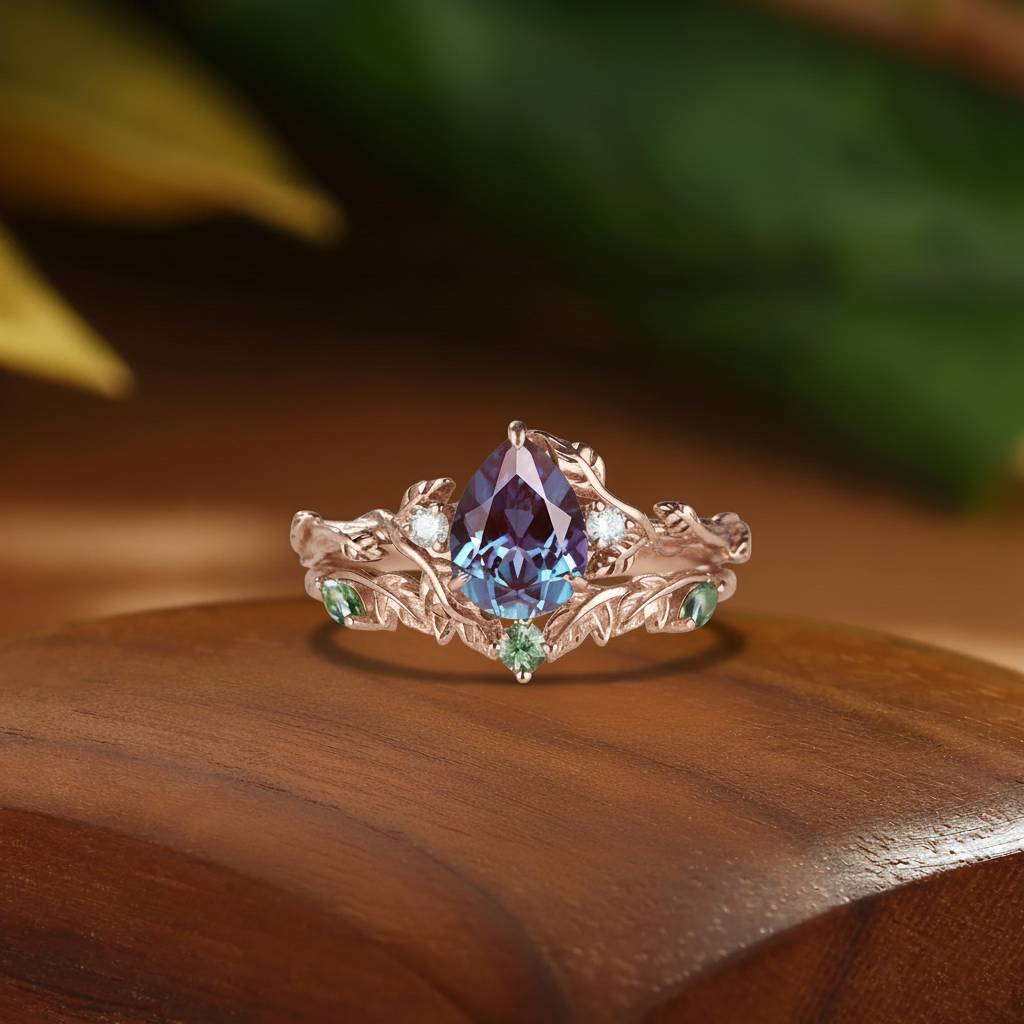Sage - Vintage Pear Cut Alexandrite Leaf Floral Engagement Ring Set 2pcs