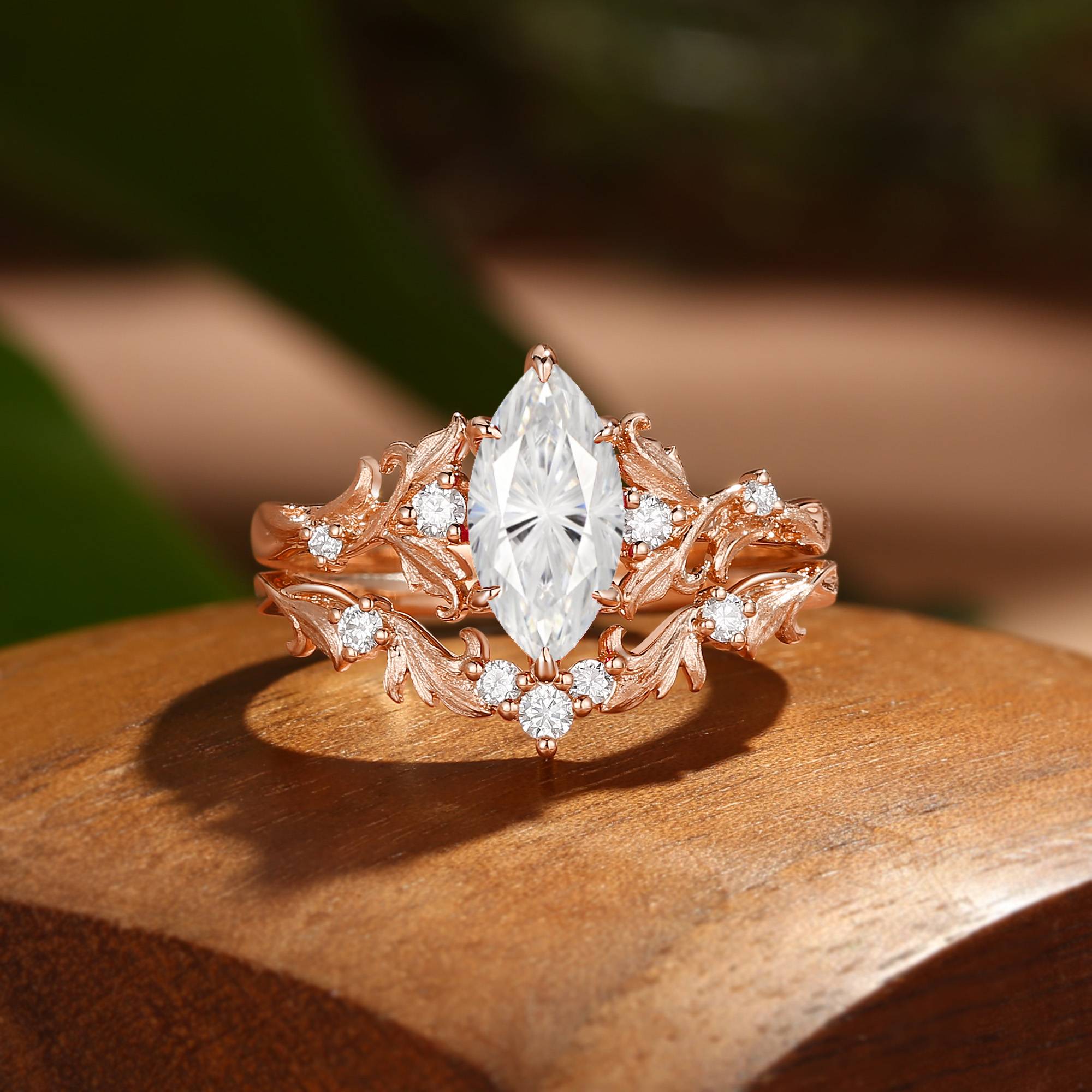 Rosa - Firework Marquise Cut Moissanite Acanthus Inspired Art Deco Bridal Set 2pcs