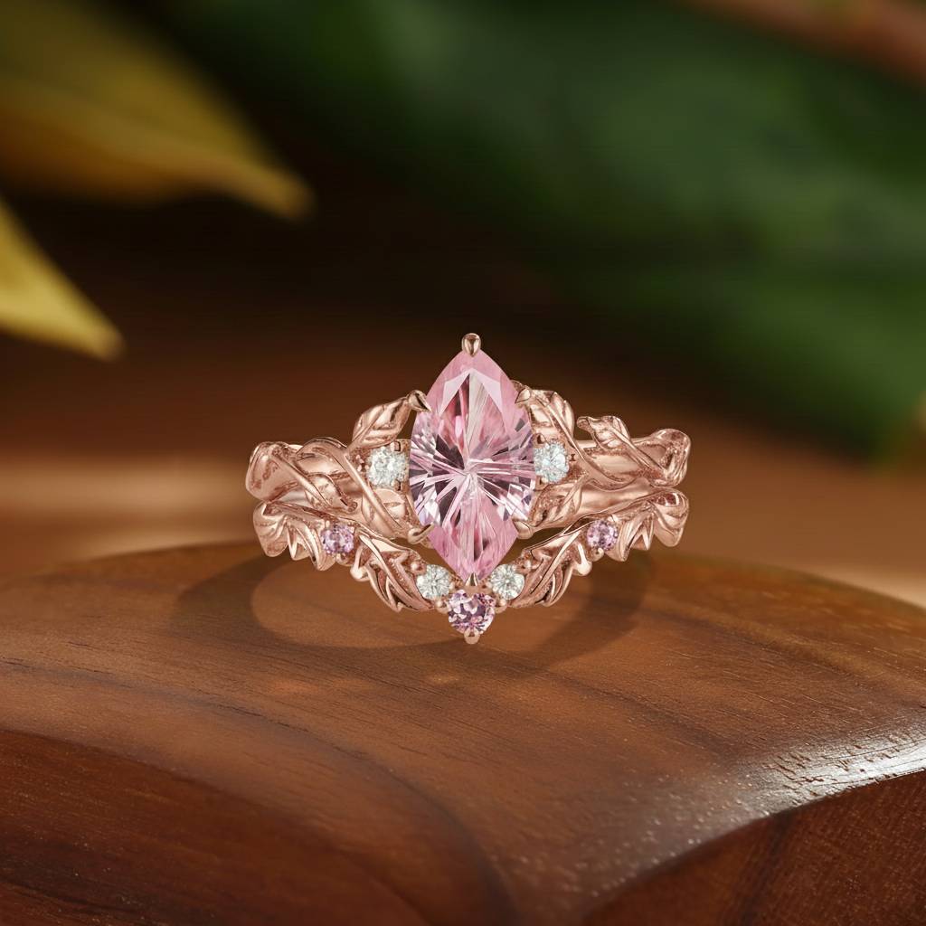 Eden - Vintage Firework Pink Sapphire Marquise Cut Engagement Ring Set