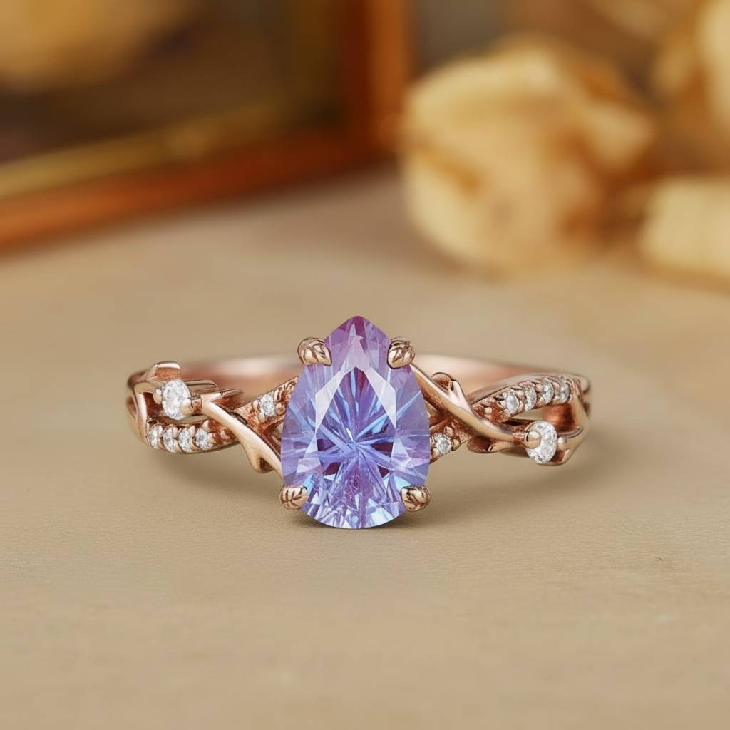 Liana - Twist Leaf Nature Inspired Pear Firework Cut Alexandrite Engagement Ring