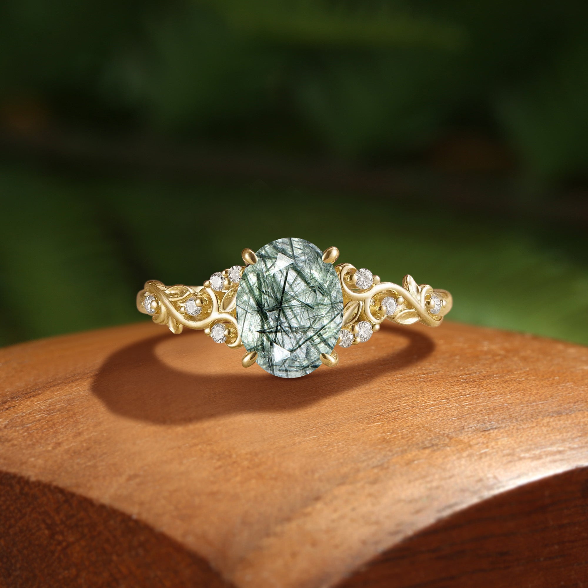 Forest Fairy Oval Cut Green Rutilated Quartz Victorian Filigree Engagement Ring - Breeze