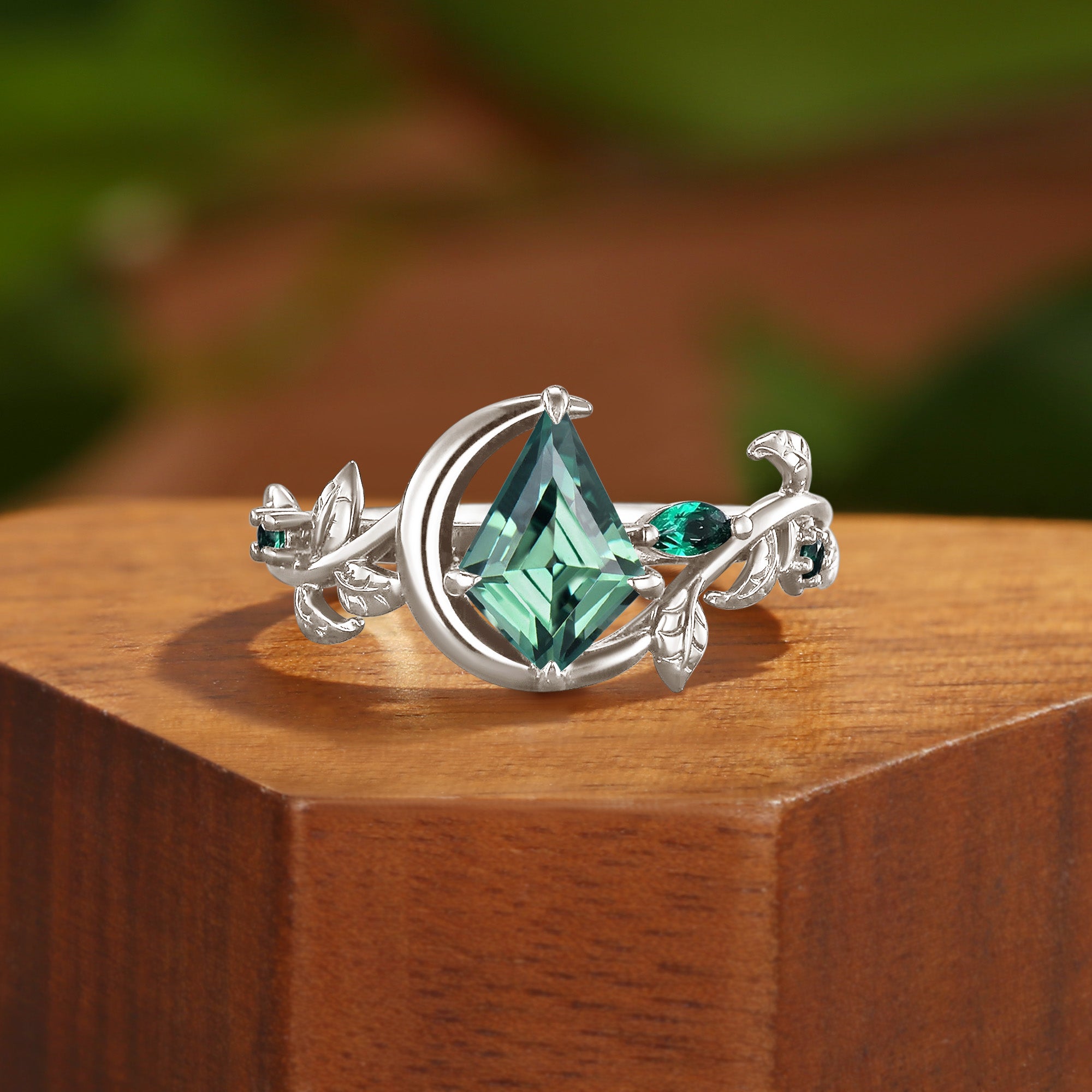 Helene - 1.5CT Kite Cut Lab Green Sapphire Moon And Leaf Engagement Ring