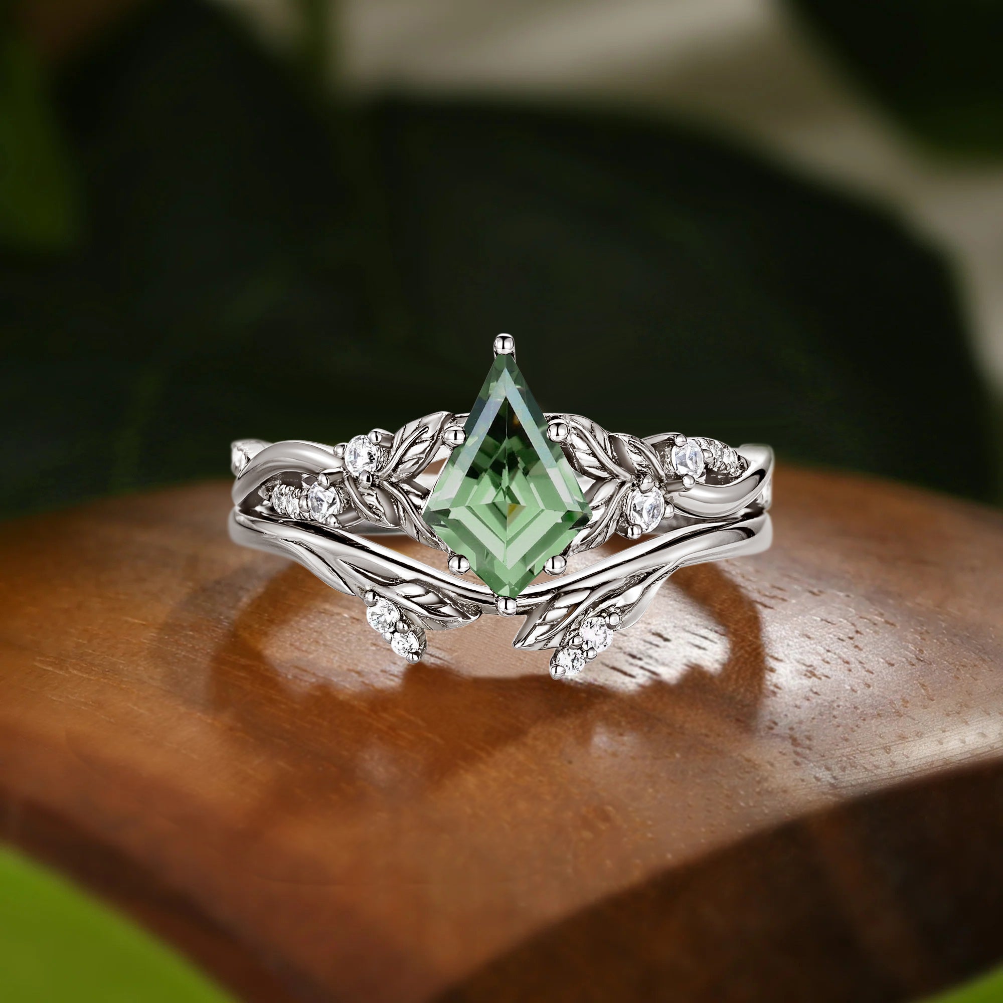 Faye - Unique Kite Cut Green Sapphire Leafy Fairy Bridal Sets 2pcs