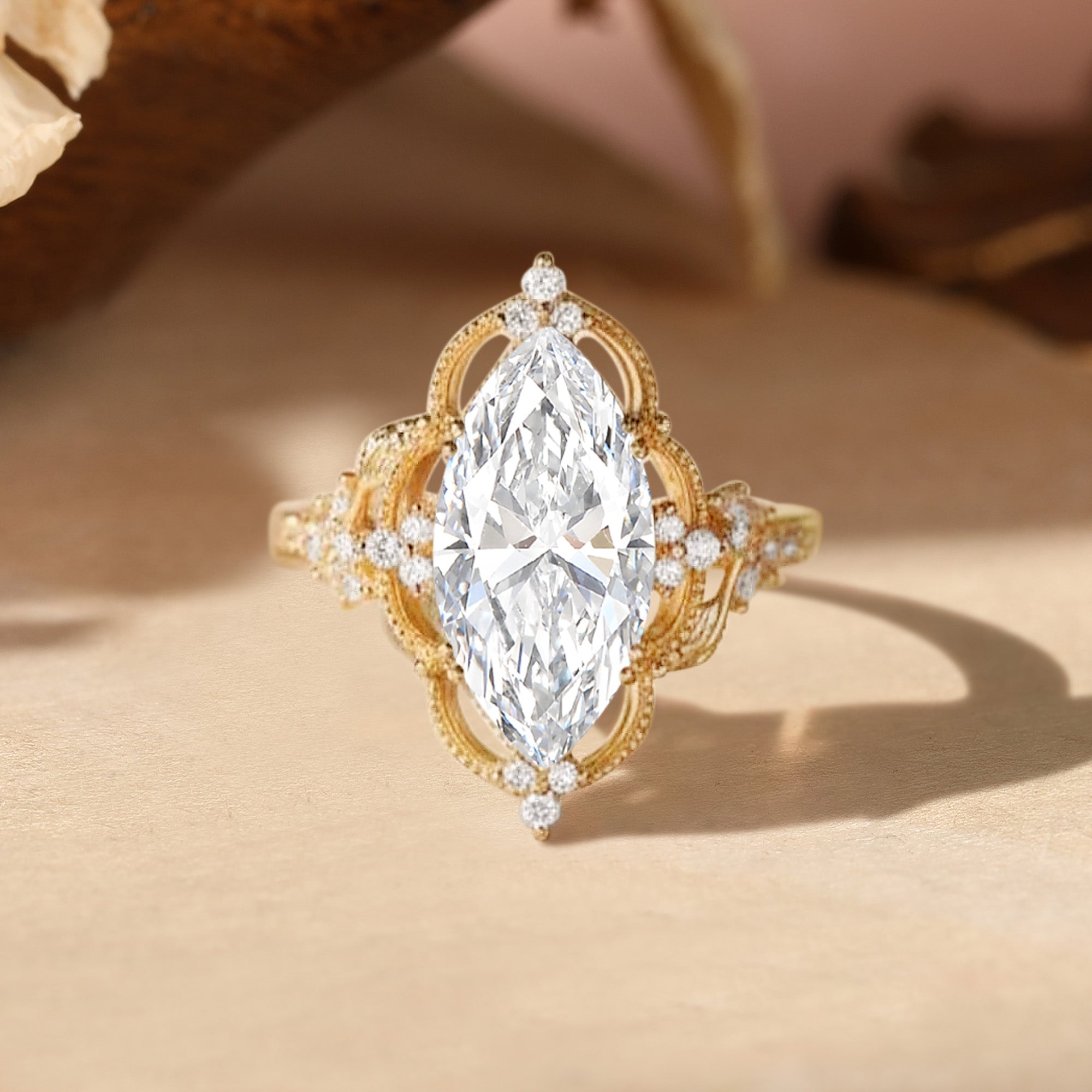 Eliza - Vintage Style Marquise Cut Lab Grown Diamond Flower Engagement Ring