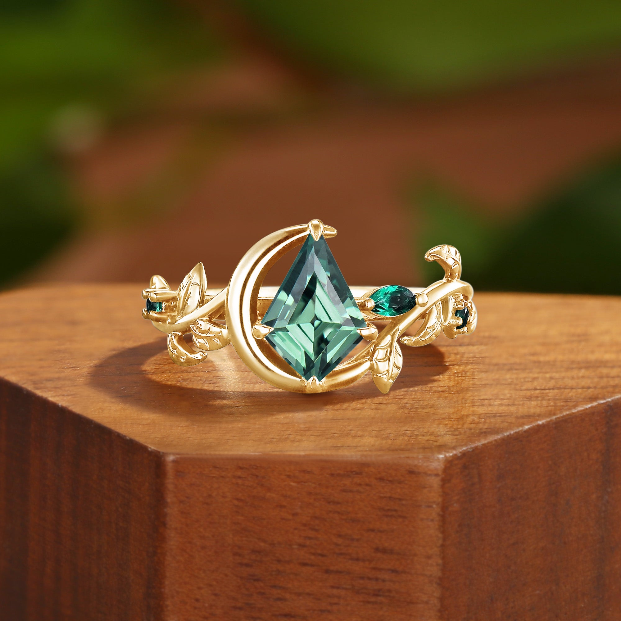1.5CT Kite Cut Lab Green Sapphire Crescent Moon & Leaf Engagement