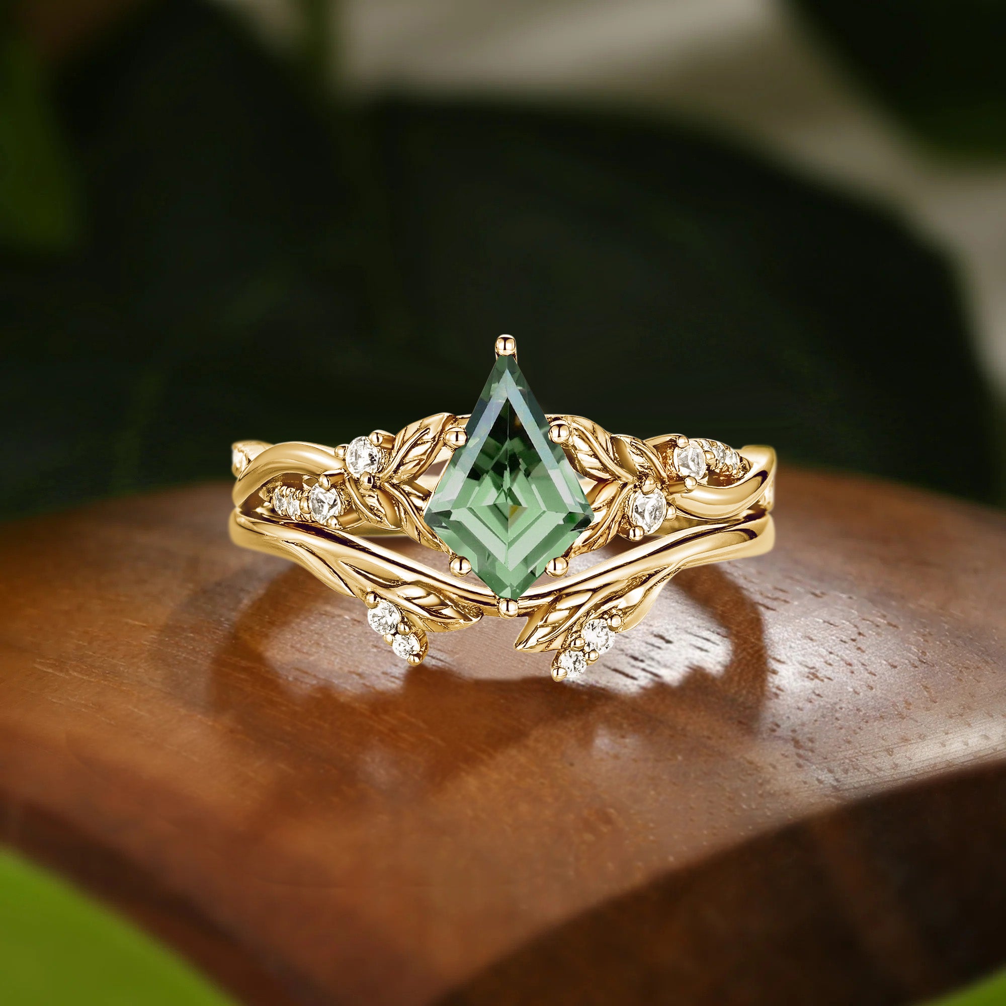 Faye - Unique Kite Cut Green Sapphire Leafy Fairy Bridal Sets 2pcs