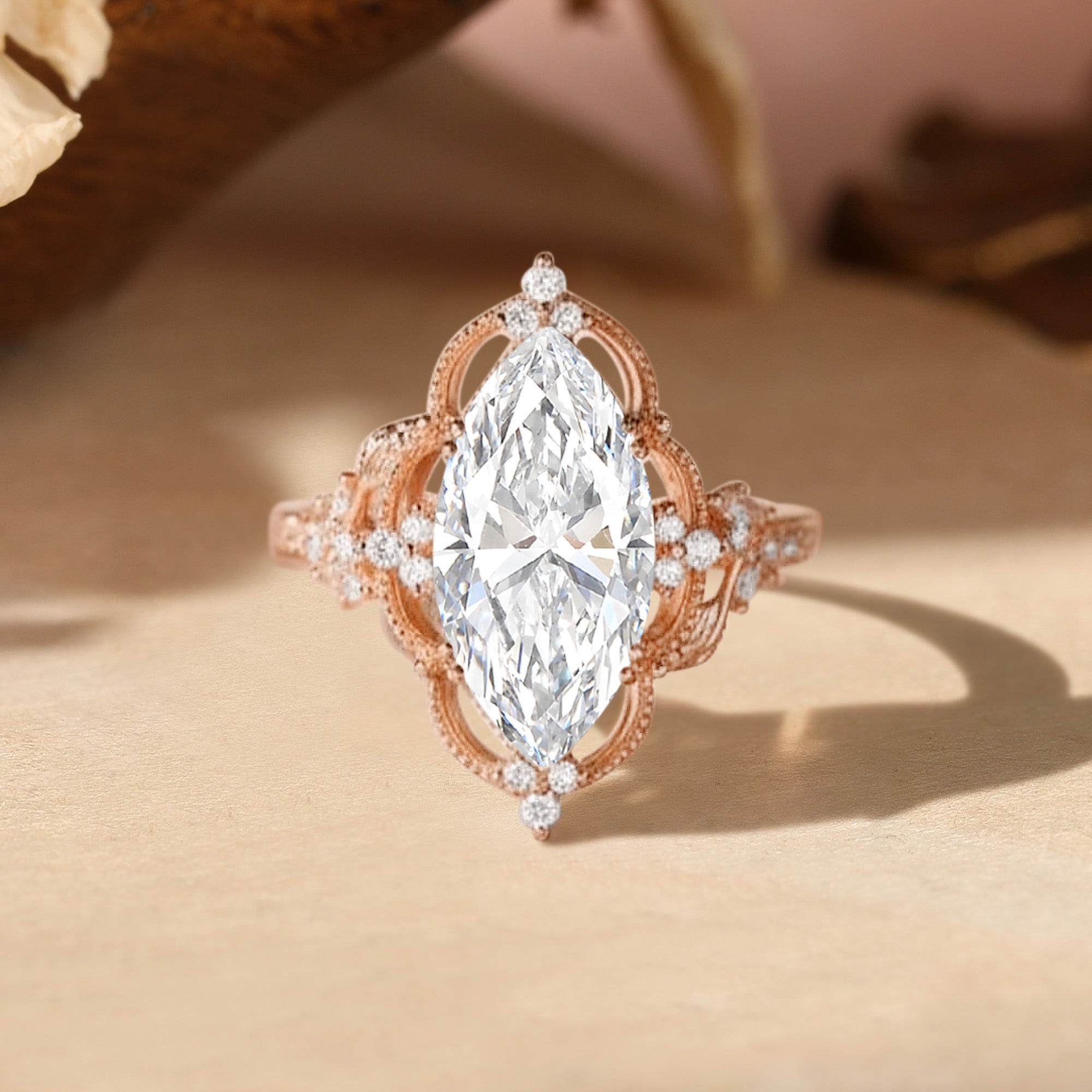 Eliza - Vintage Style Marquise Cut Lab Grown Diamond Flower Engagement Ring