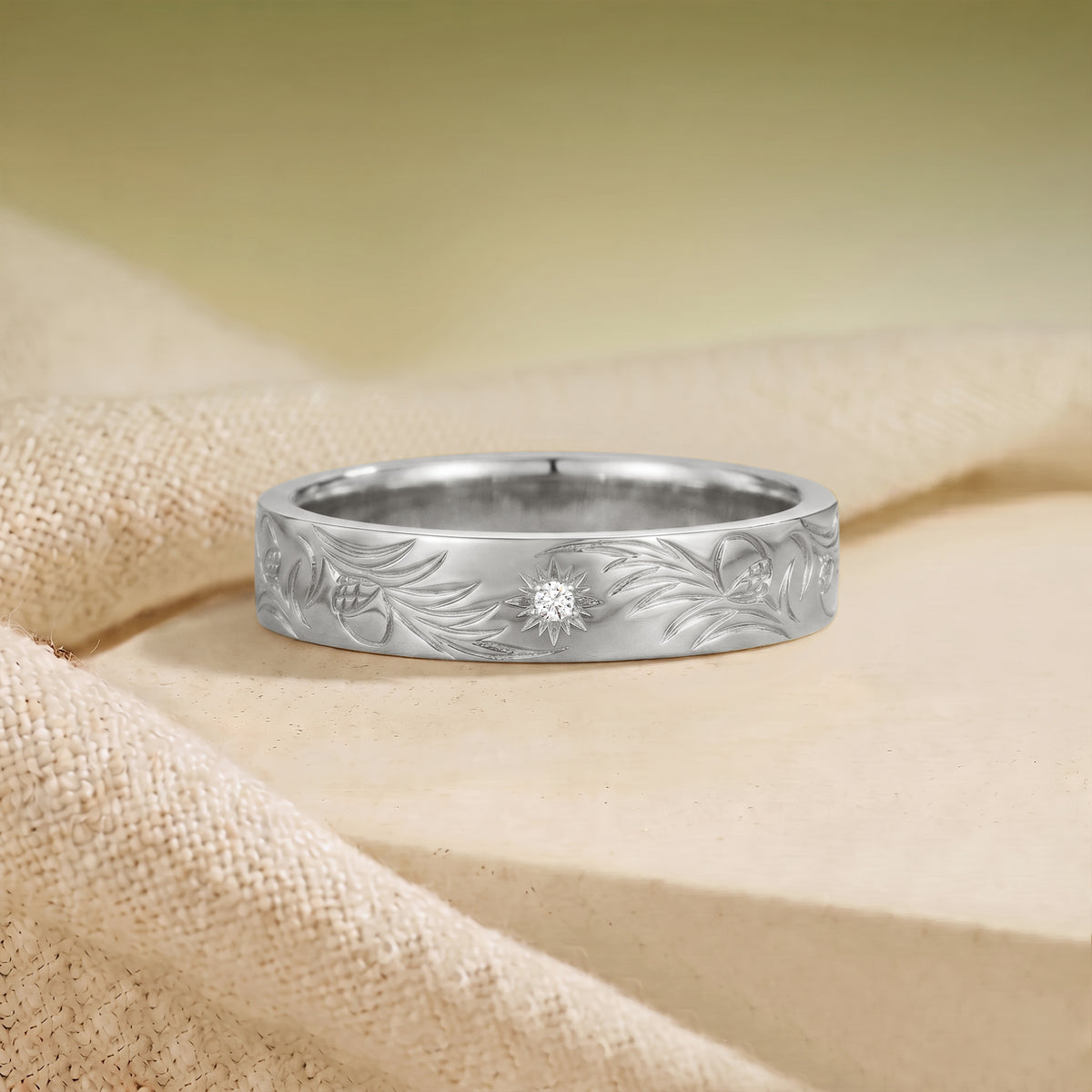 Hand Engraved Oak Leaf Inspired Anniversary Ring - Men Band