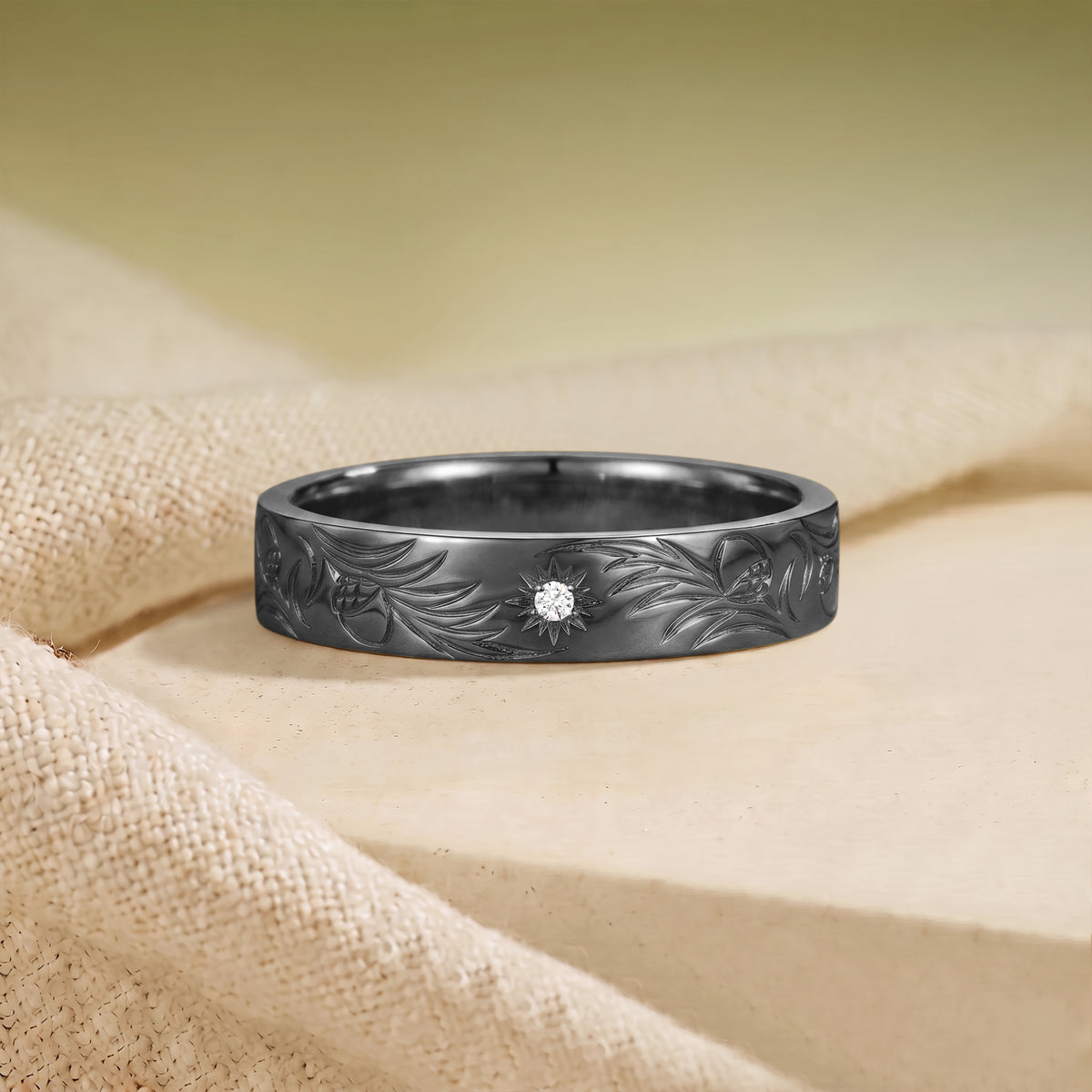 Hand Engraved Oak Leaf Inspired Anniversary Ring - Men Band