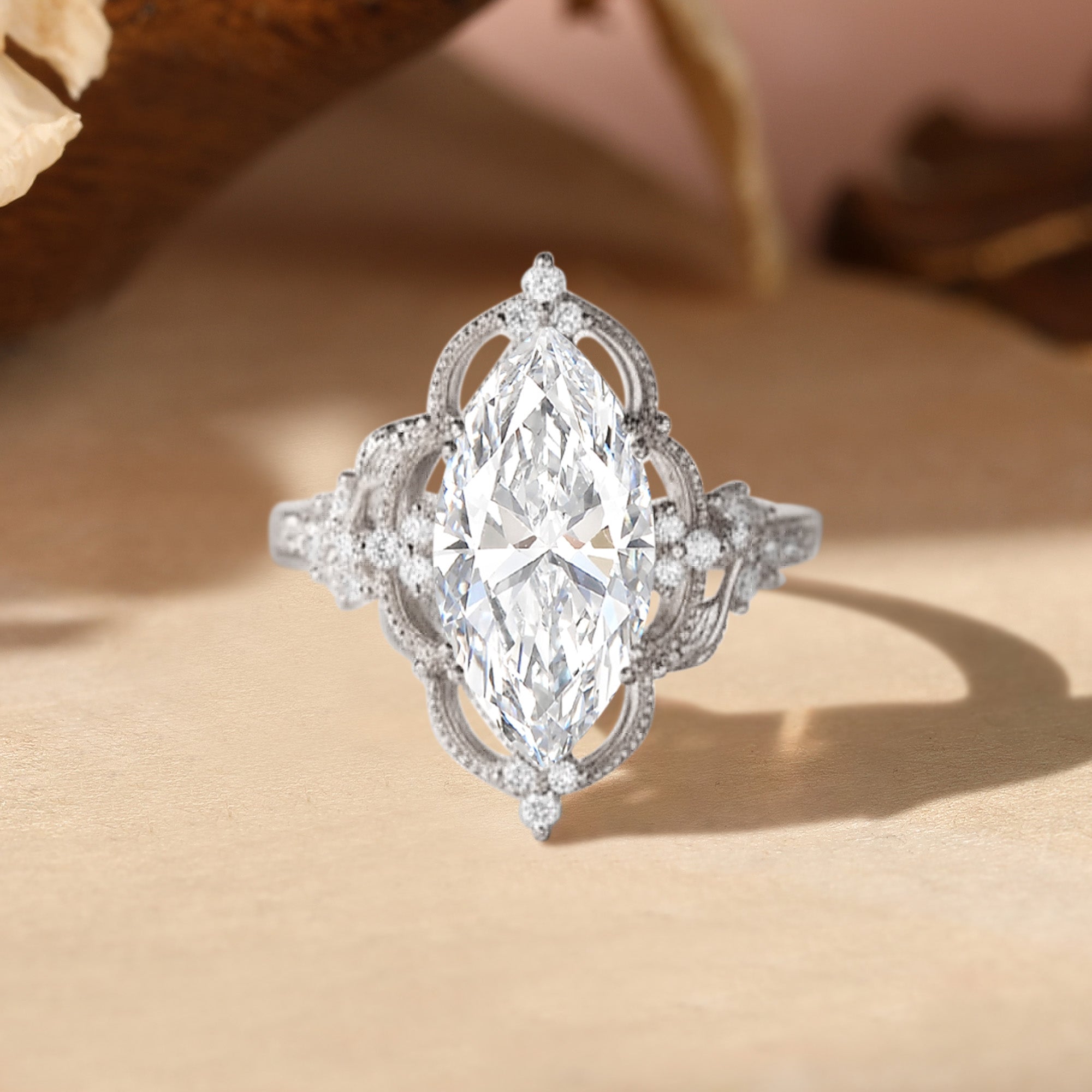 Eliza - Vintage Style Marquise Cut Lab Grown Diamond Flower Engagement Ring