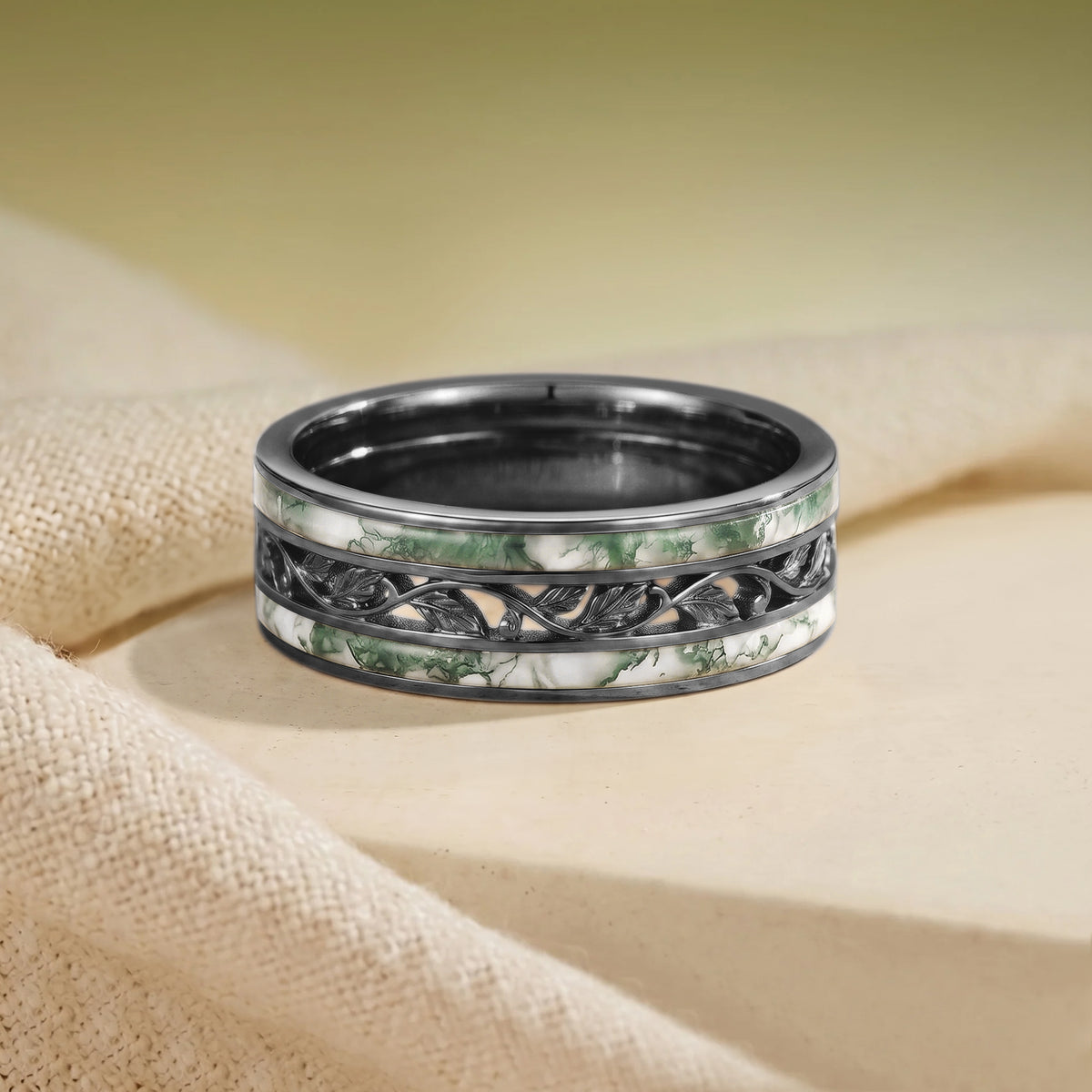 8MM Moss Agate Leafy Branch Inspired Yellow Gold Men Rings
