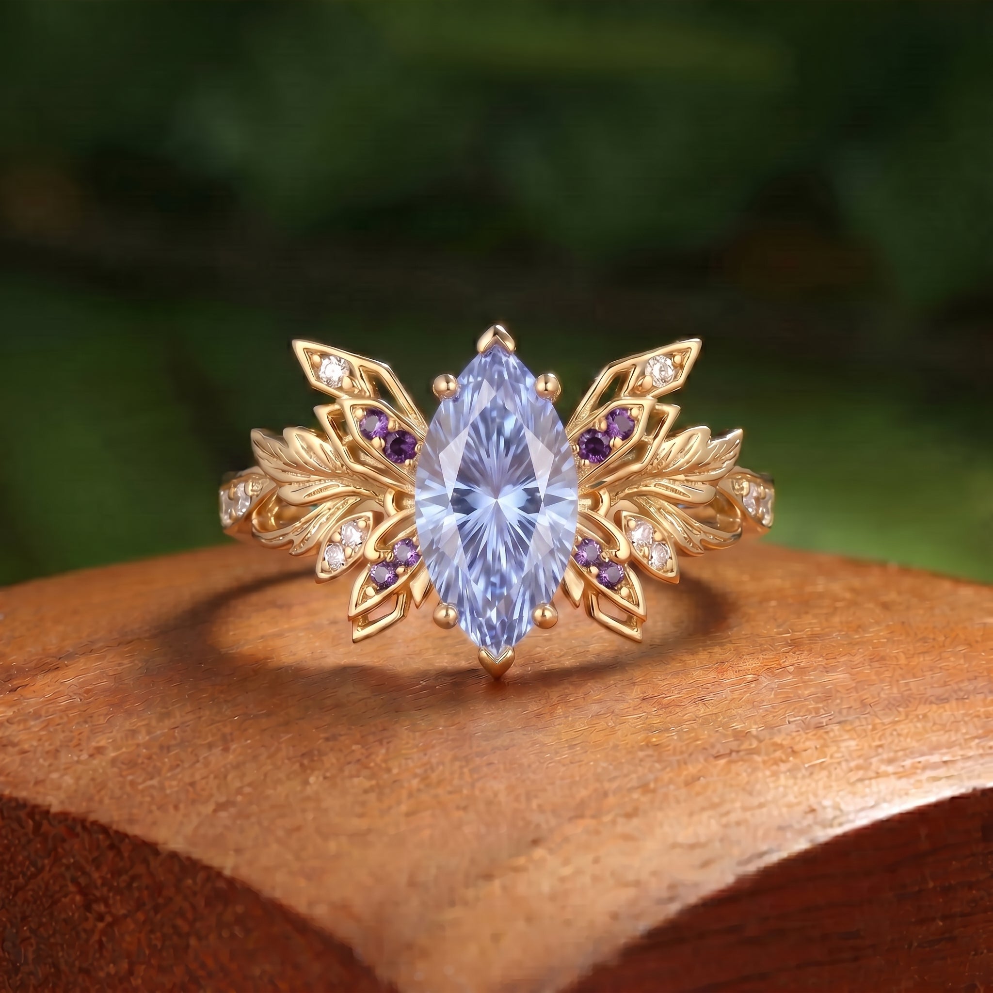 Butterfly Wing Forest Fairy Marquise Firework Cut Purple Sapphire Leafy Engagement Ring - Inara