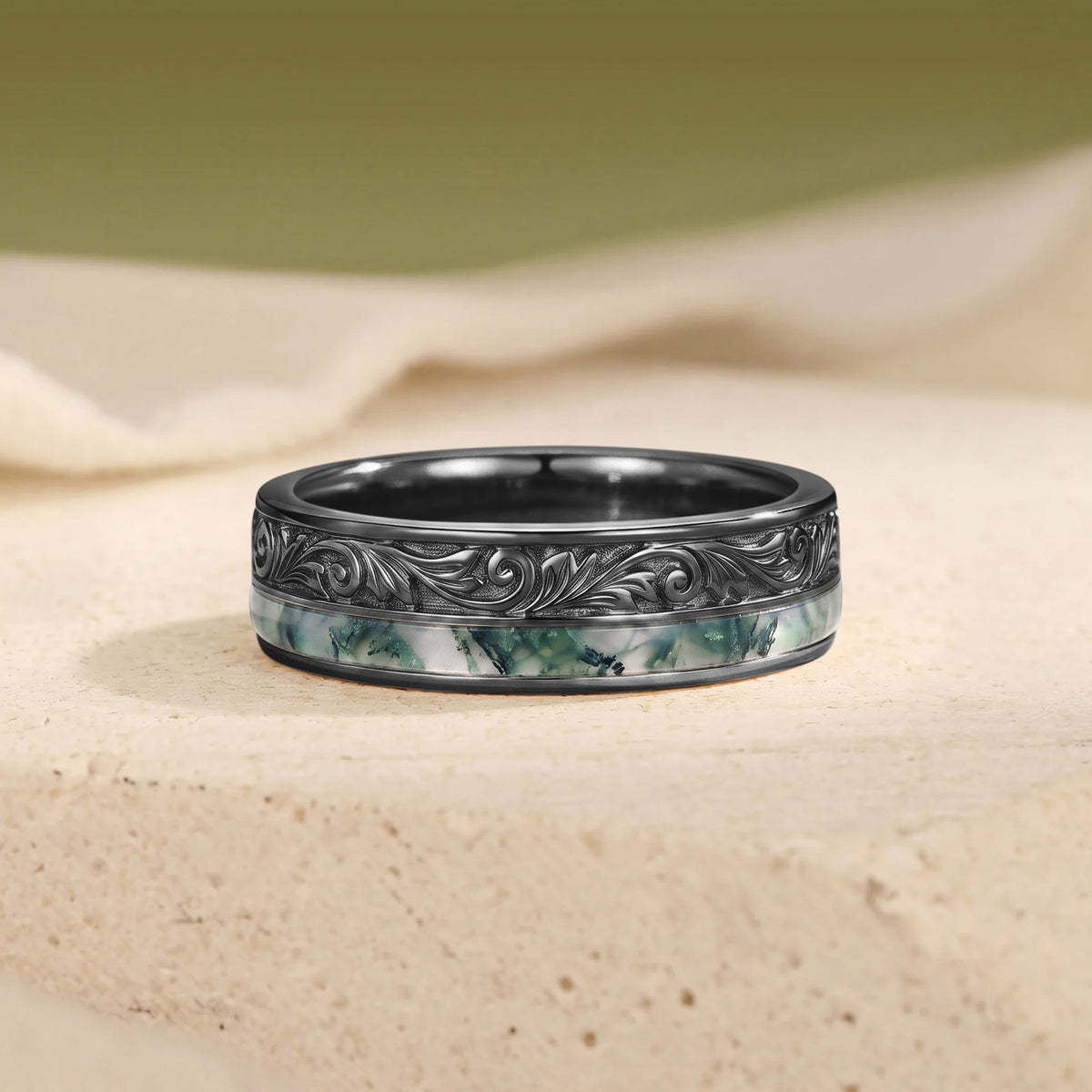 Vintage Scroll Engraved Moss Agate Inlay Yellow Gold Men's Ring