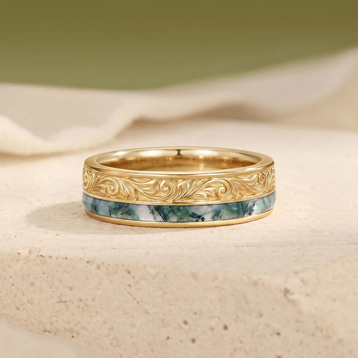 Vintage Scroll Engraved Moss Agate Inlay Yellow Gold Men's Ring