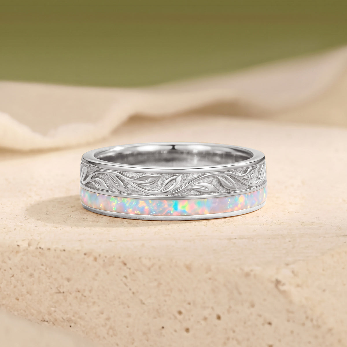 Vintage Leaf Hand Carved Opal Inlay Yellow Gold Men Wedding Band