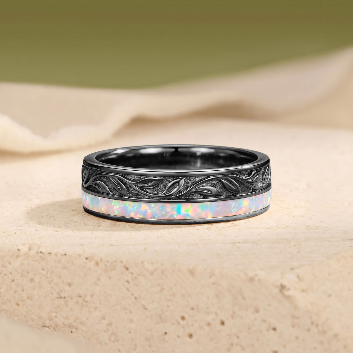 Vintage Leaf Hand Carved Opal Inlay Yellow Gold Men Wedding Band