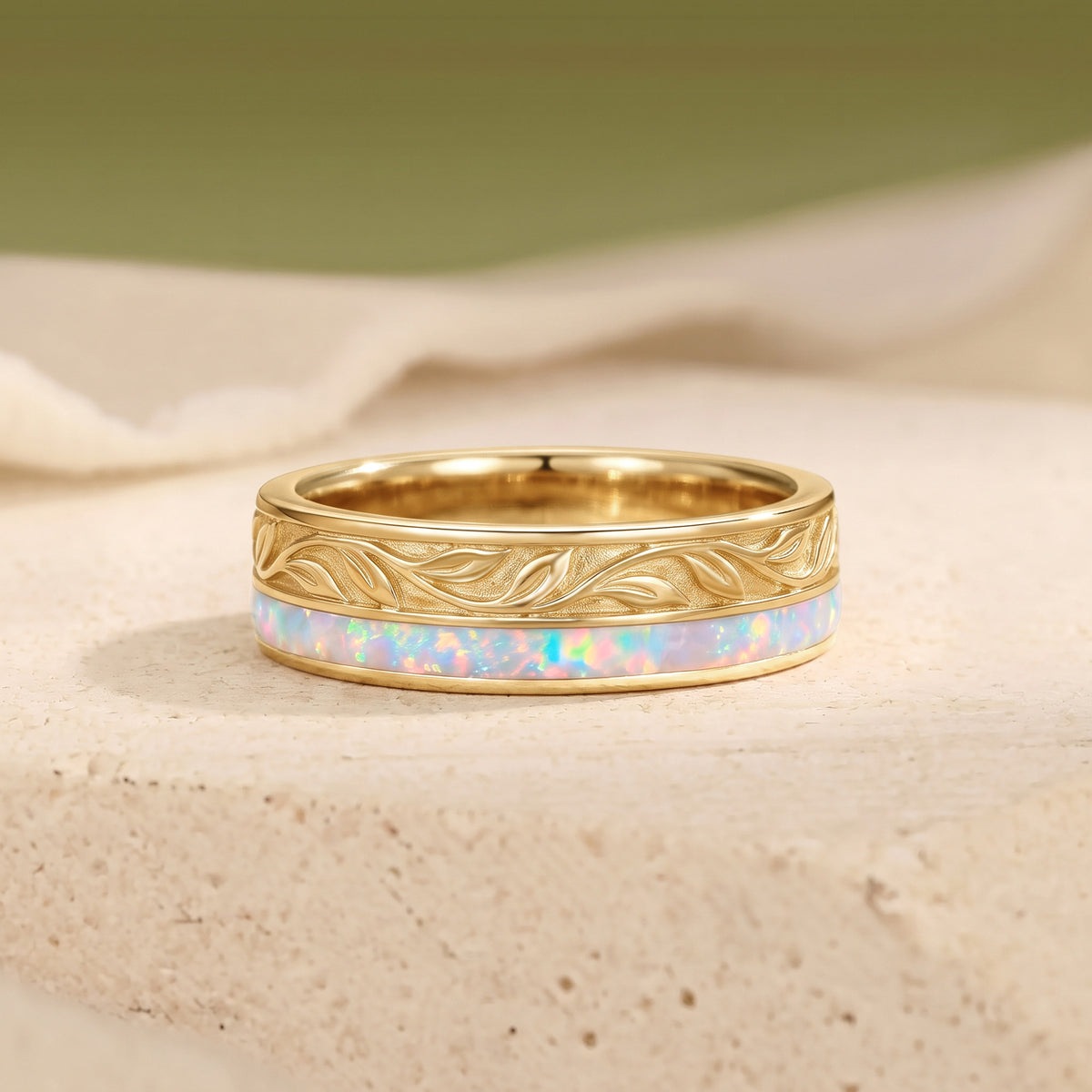 Vintage Leaf Hand Carved Opal Inlay Yellow Gold Men Wedding Band