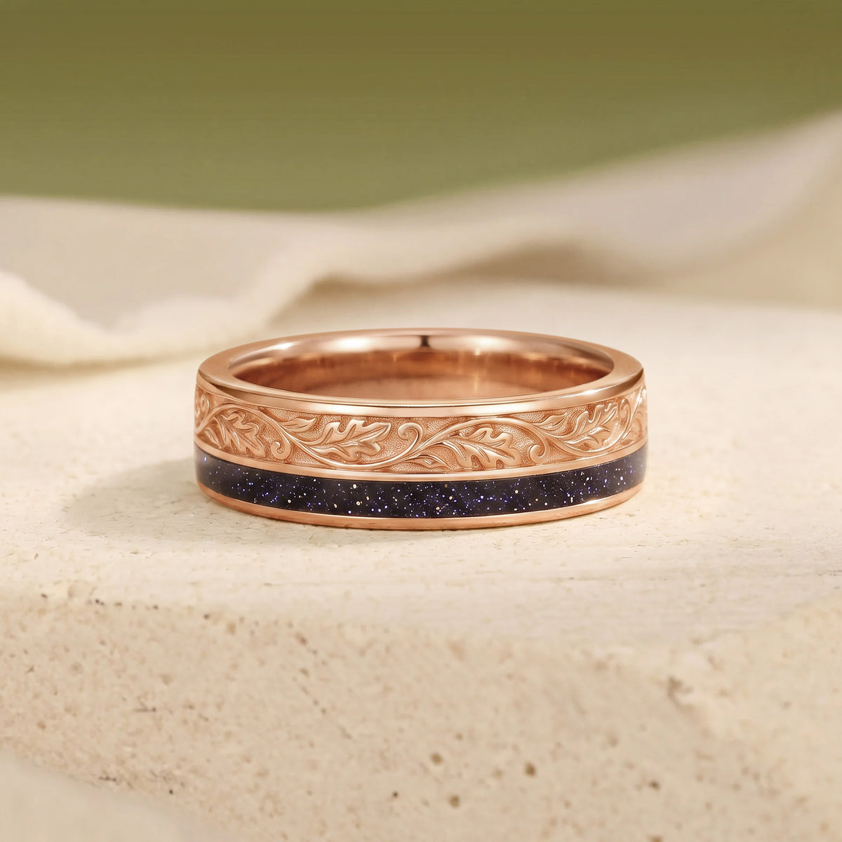 Antique Oak Vine Pattern Blue Sandstone Inlay Gold Men's Ring