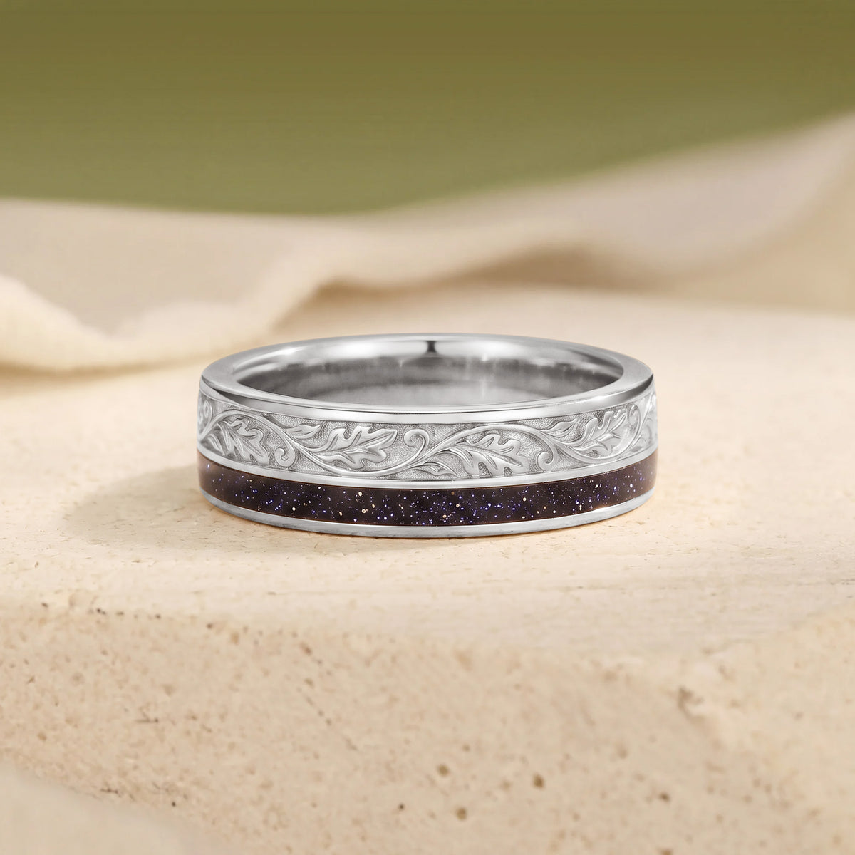 Antique Oak Vine Pattern Blue Sandstone Inlay Gold Men's Ring