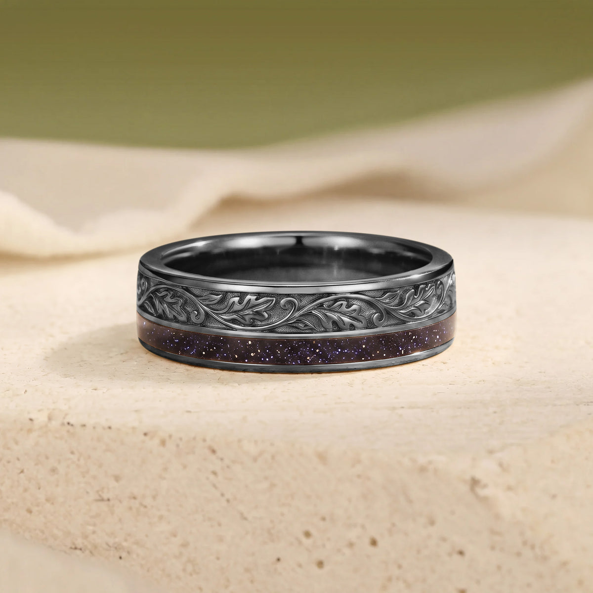 Antique Oak Vine Pattern Blue Sandstone Inlay Gold Men's Ring