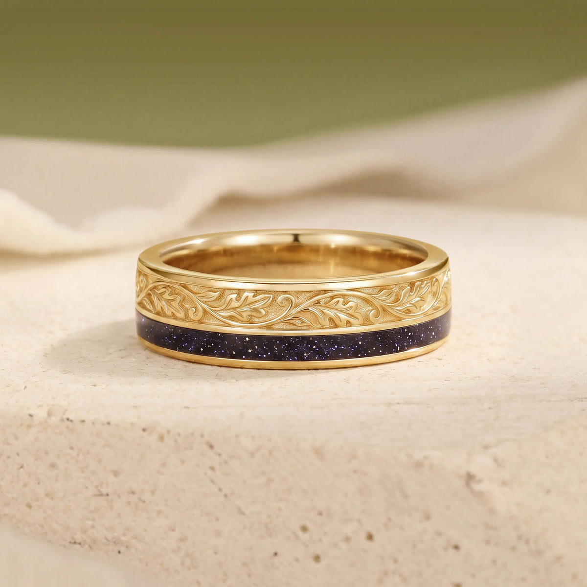 Antique Oak Vine Pattern Blue Sandstone Inlay Gold Men's Ring