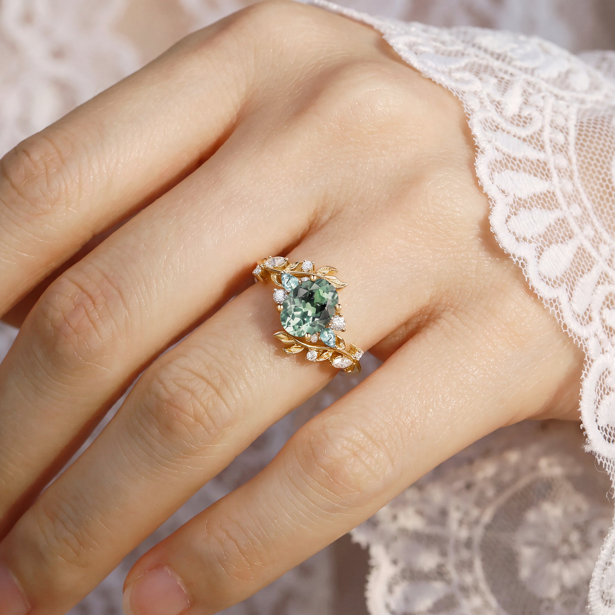 Abrielle - Oval Cut Lab Mint Green Sapphire Vine Fairytale Engagement Ring