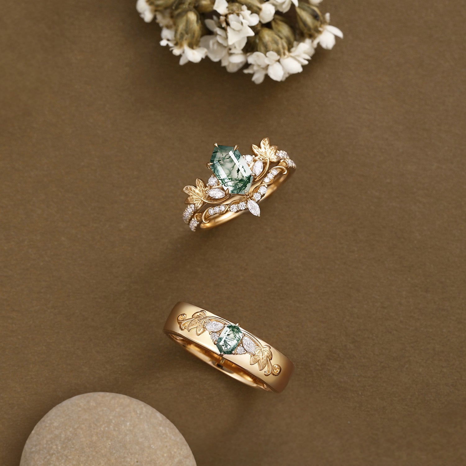 Grape Leaf Nature Inspired Hexagon Cut Moss Agate & 5.5mm Men Band Couple Rings Set