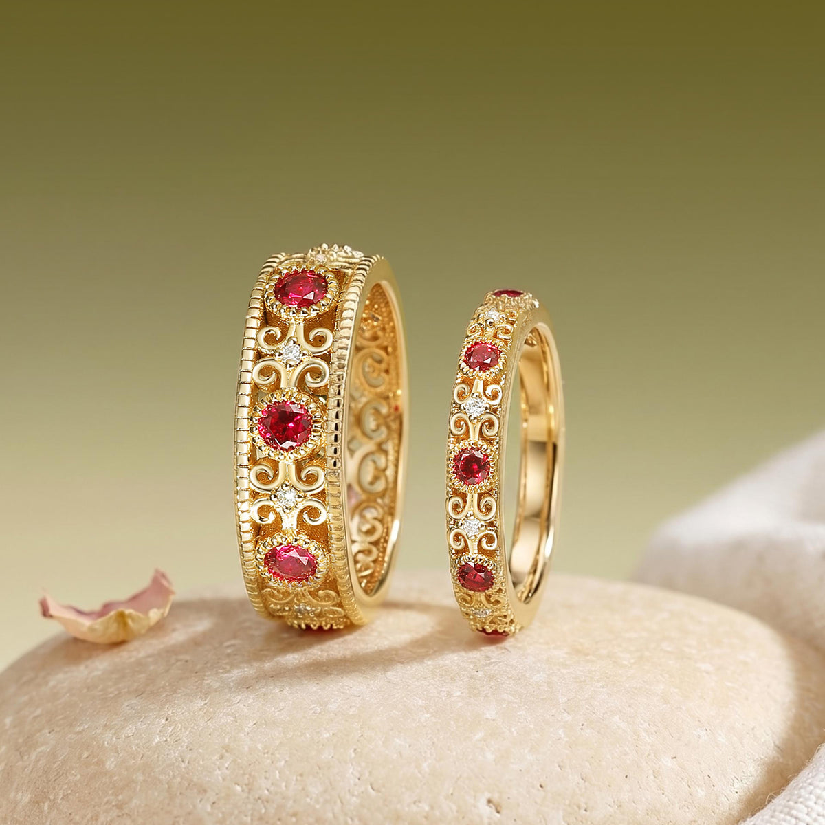 Vintage Filigree Ruby Gold Couple Rings - Rowan