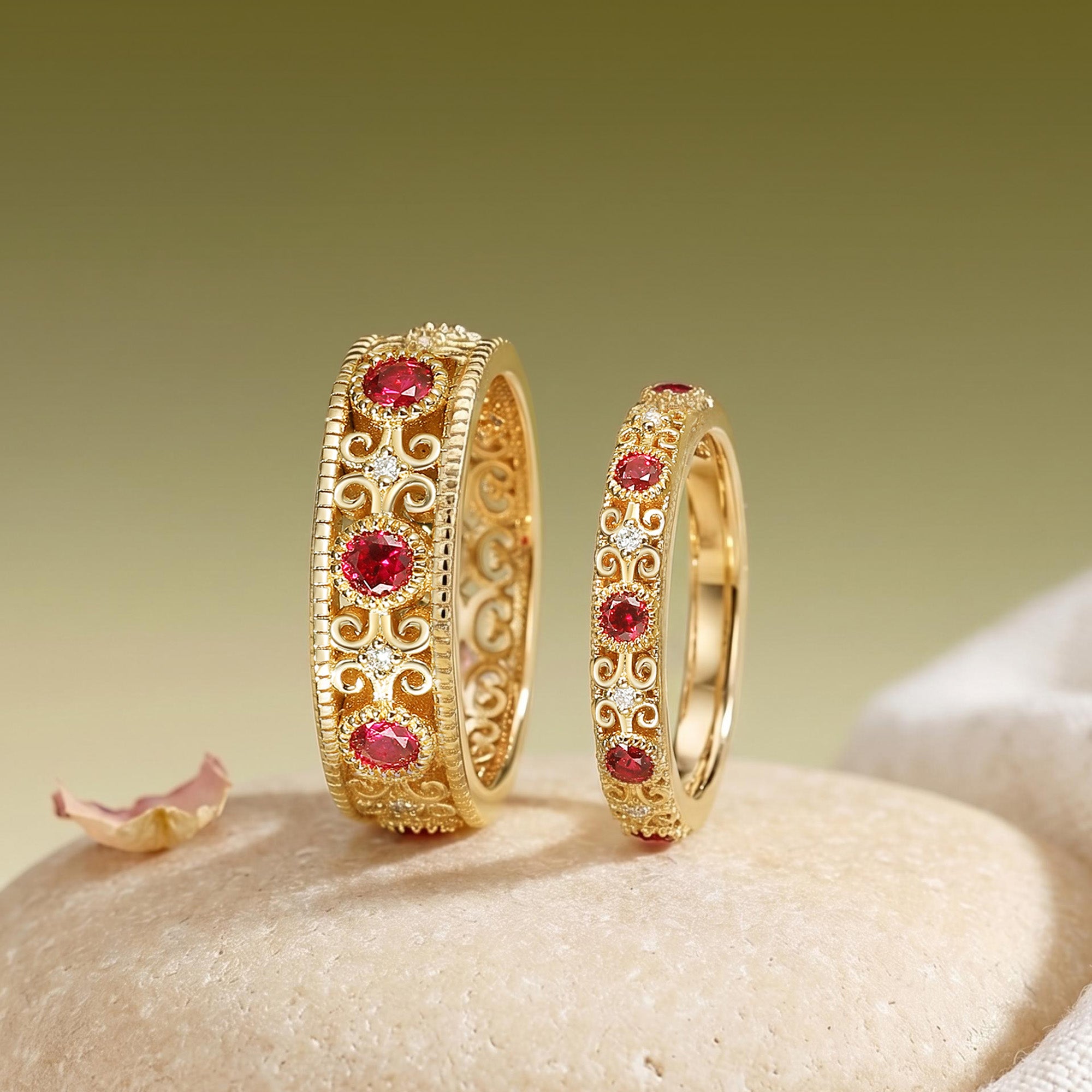 Vintage Filigree Ruby Gold Couple Rings - Rowan