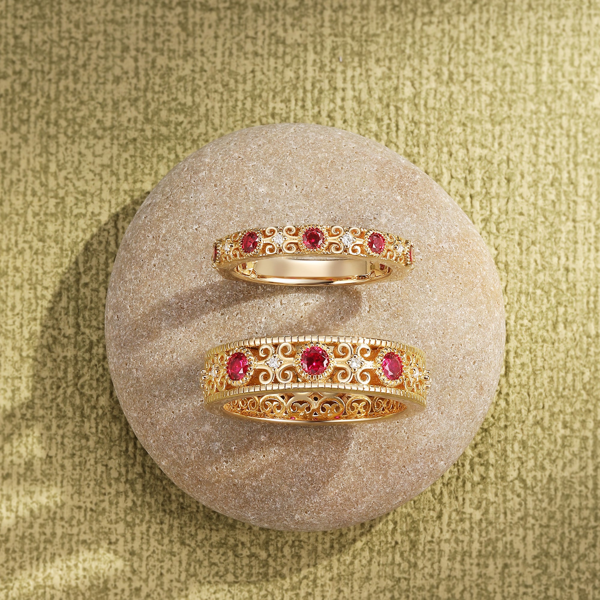 Vintage Filigree Ruby Gold Couple Rings - Rowan