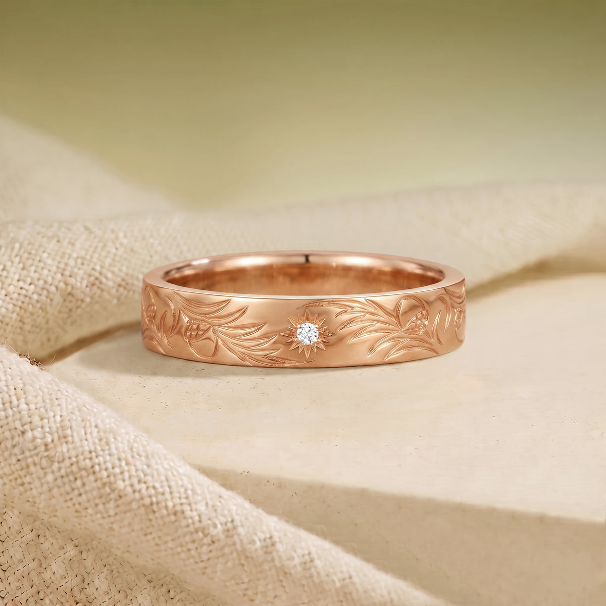 Hand Engraved Oak Leaf Inspired Anniversary Ring - Men Band