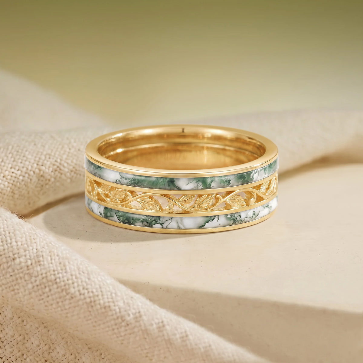 8MM Moss Agate Leafy Branch Inspired Yellow Gold Men Rings