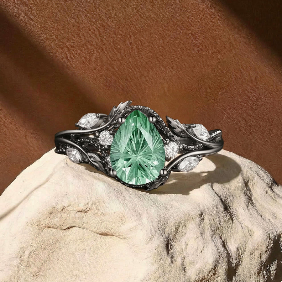 Filigree Leafy Pear Firework Cut Green Sapphire Engagement Ring