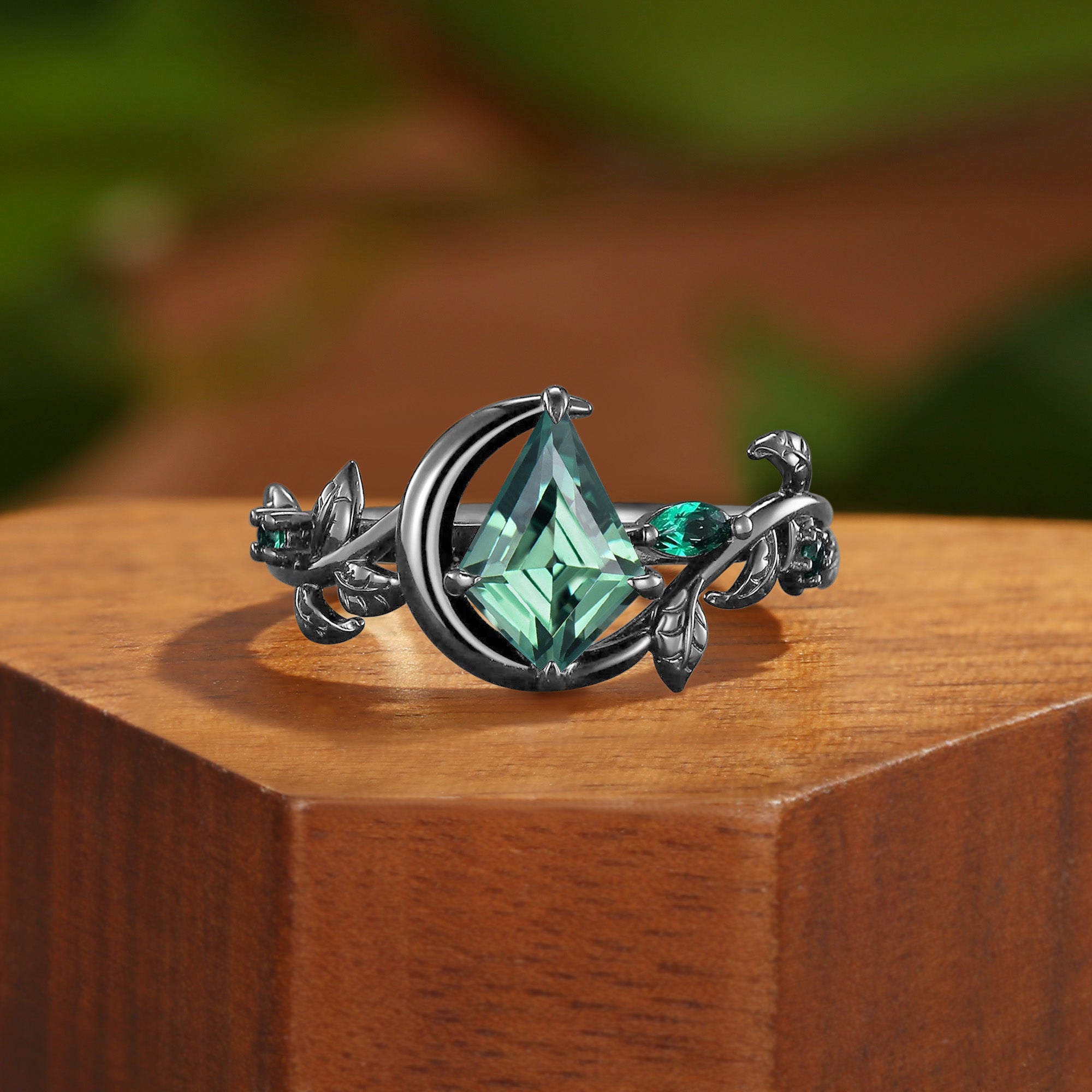 1.5CT Kite Cut Lab Green Sapphire Crescent Moon & Leaf Engagement Ring - Helene
